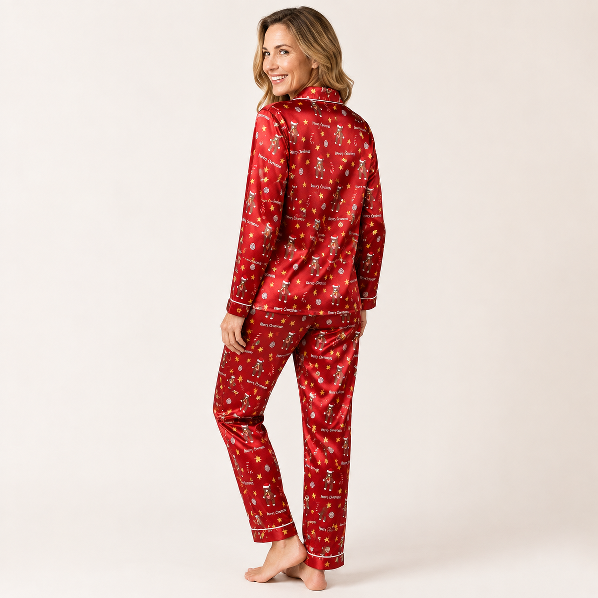 Red Satin Christmas Pajama Set for Women, Long Sleeve