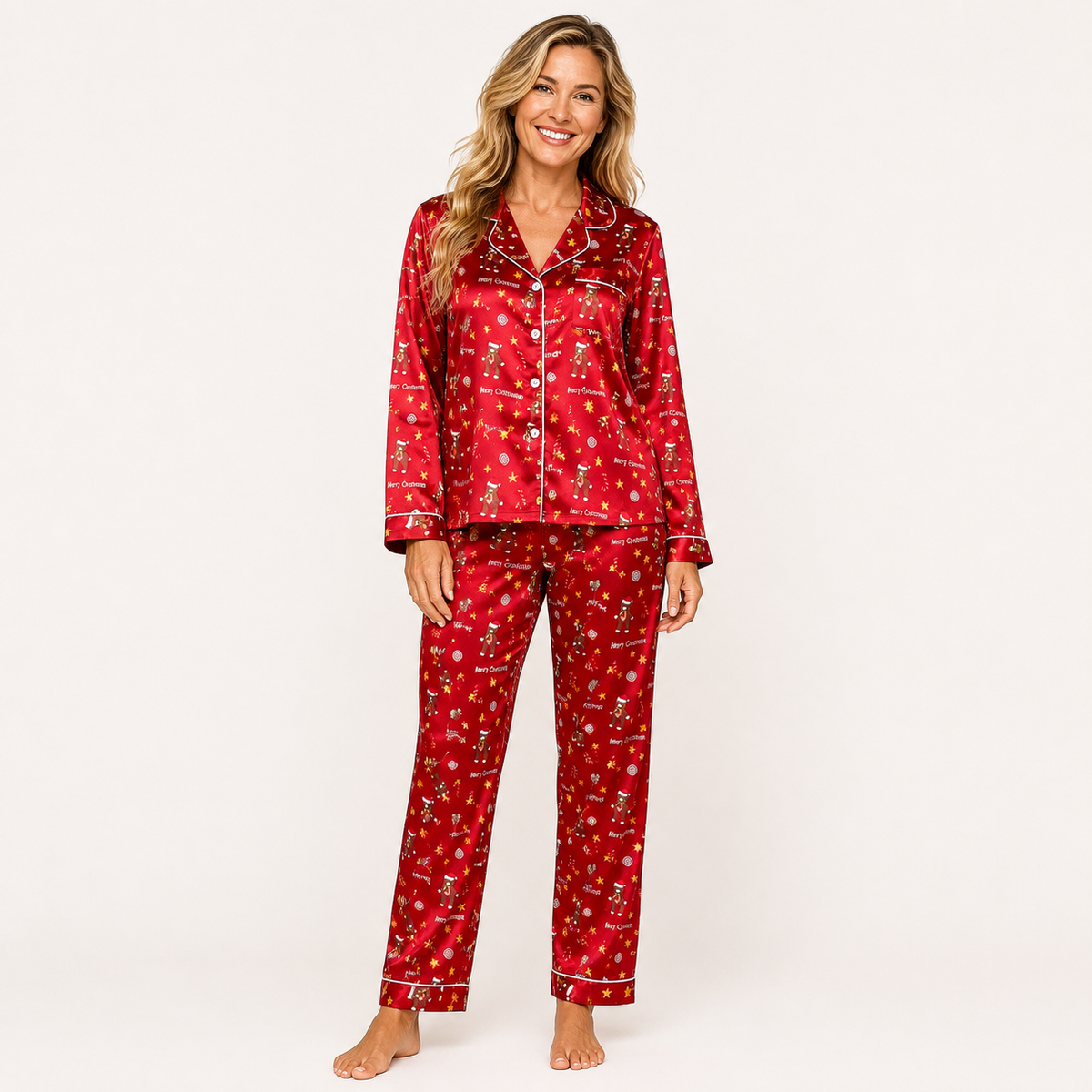 Red Satin Christmas Pajama Set for Women, Long Sleeve