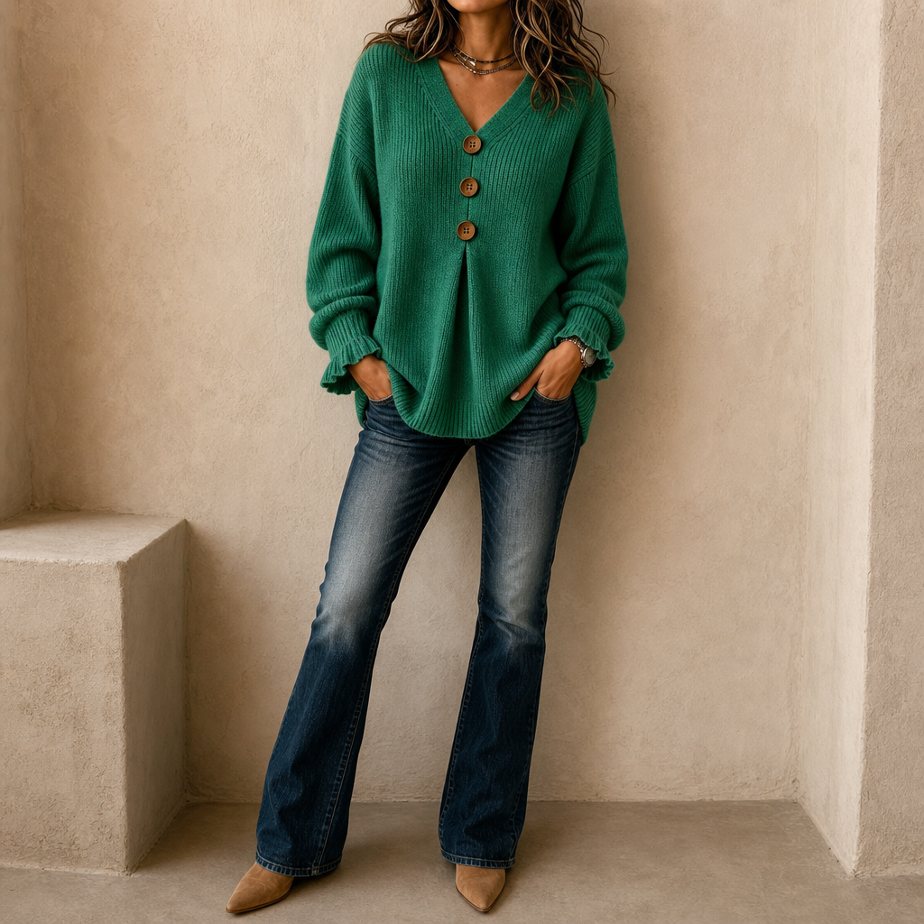 Remi | Women's Sweater with V-Neck and Ruffle Cuffs