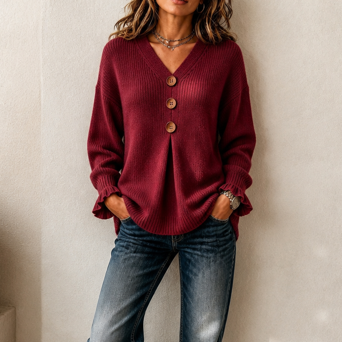 Remi | Women's Sweater with V-Neck and Ruffle Cuffs