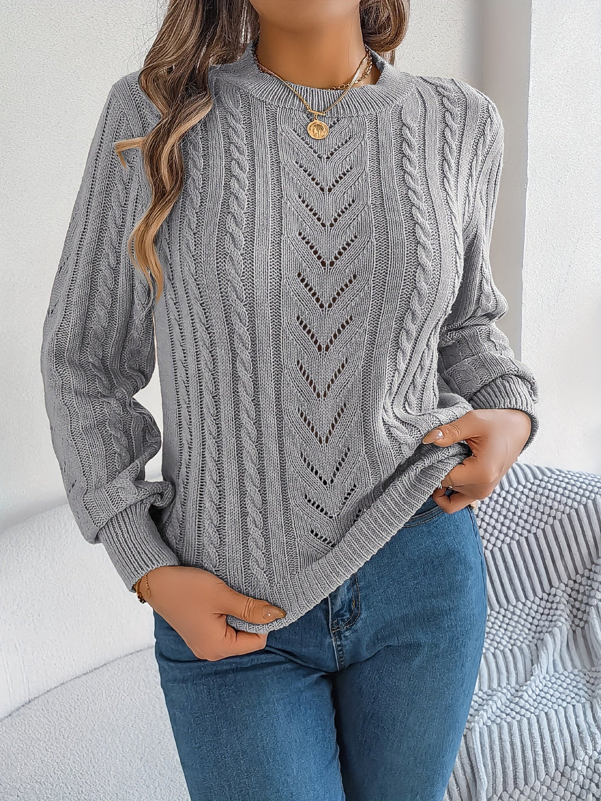 Rosamund | Women's Textured Crew Neck Pointelle Cable Knit Sweater