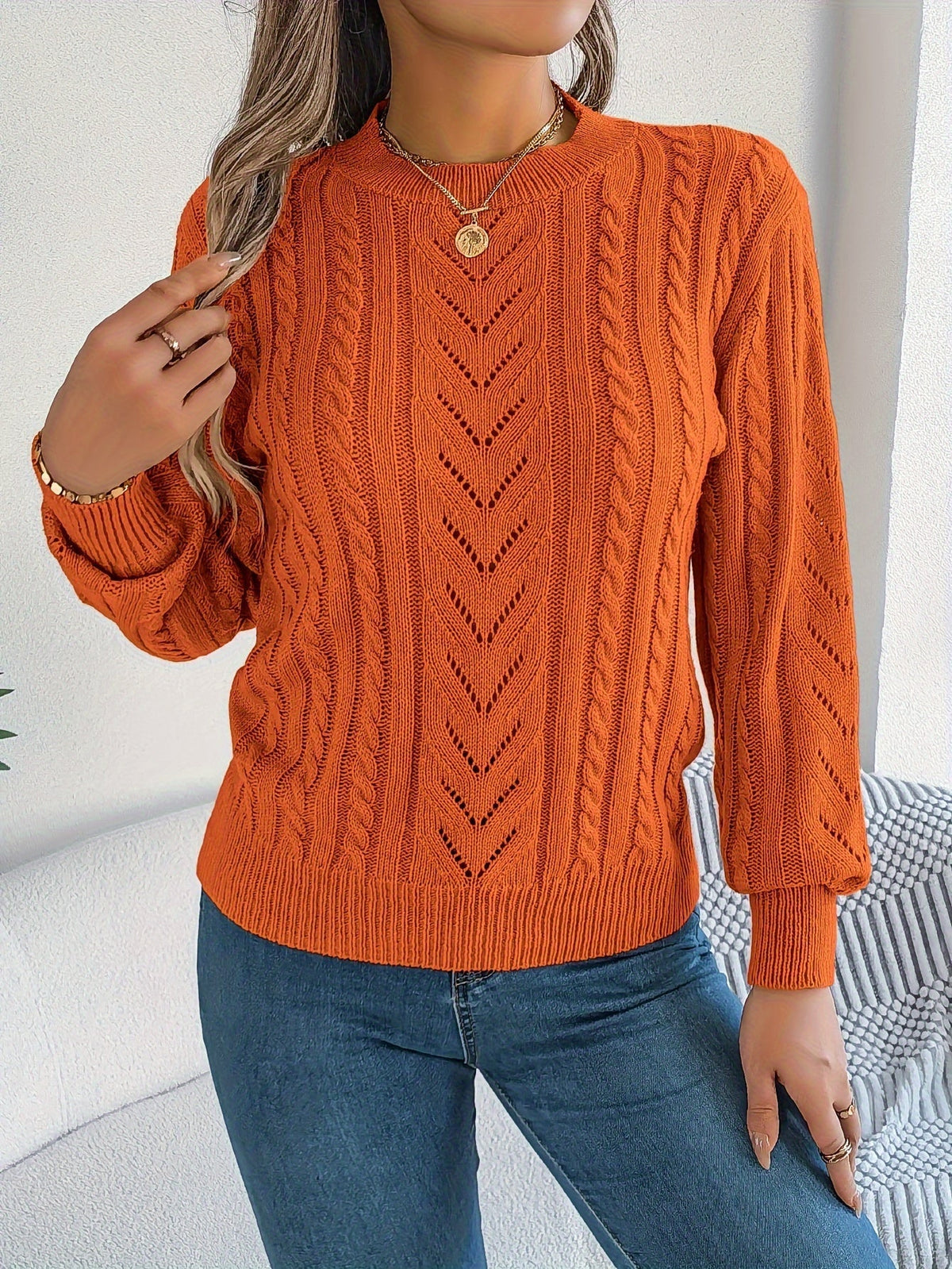 Rosamund | Women's Textured Crew Neck Pointelle Cable Knit Sweater