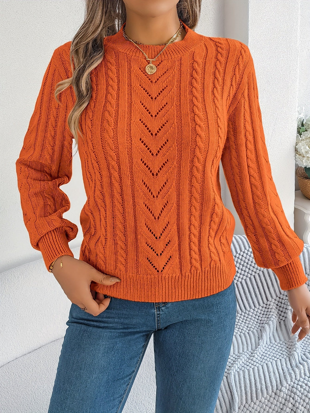 Rosamund | Women's Textured Crew Neck Pointelle Cable Knit Sweater