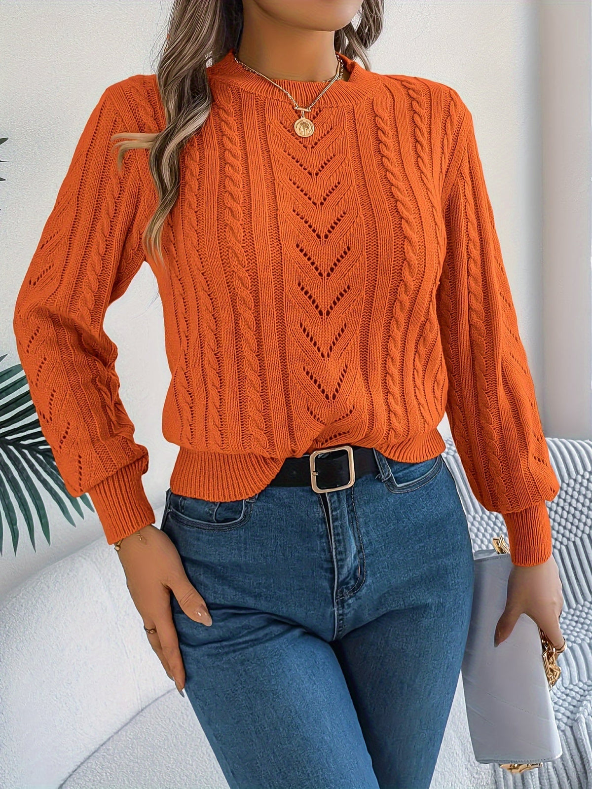 Rosamund | Women's Textured Crew Neck Pointelle Cable Knit Sweater
