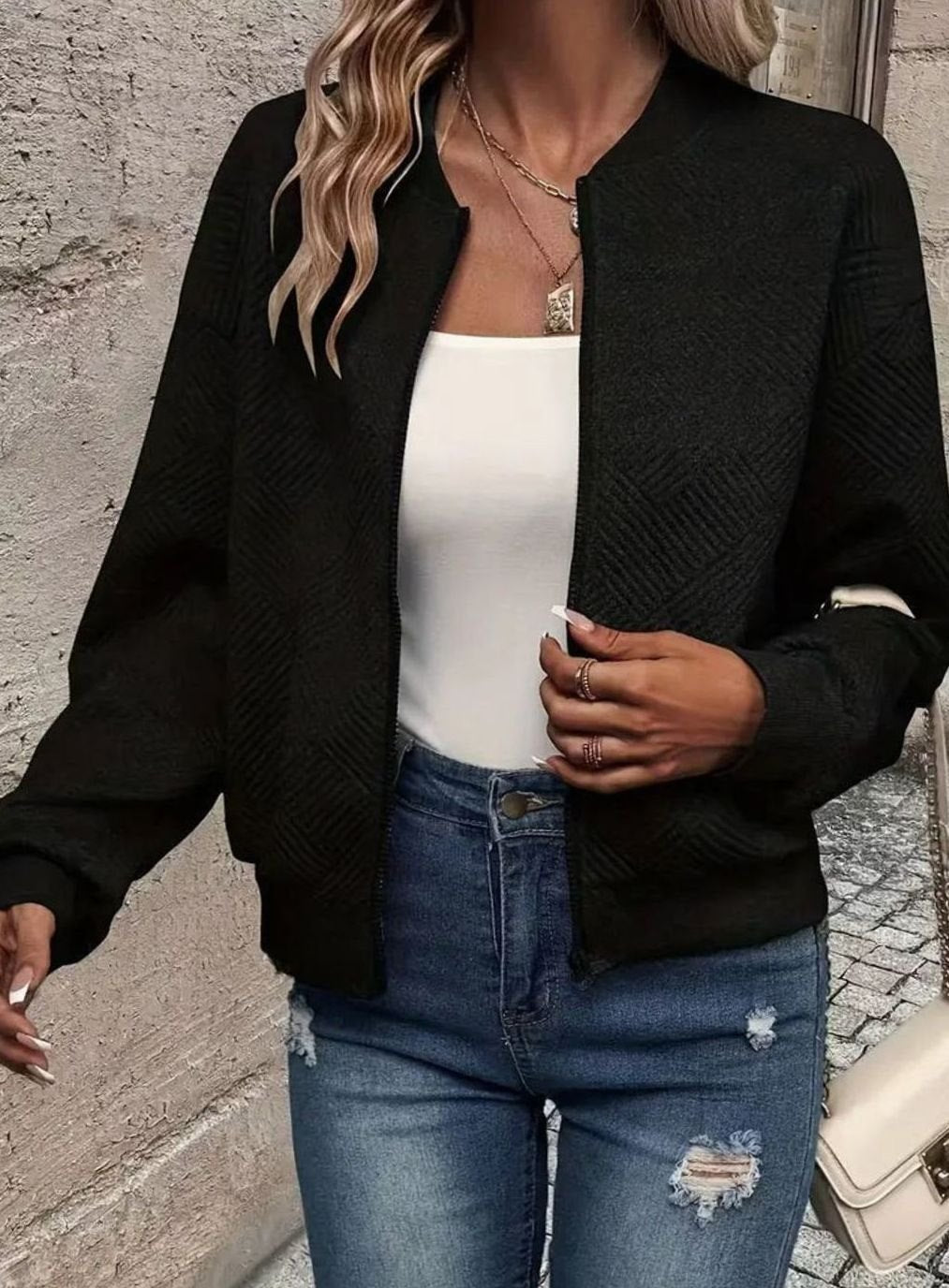 Sabine | Women's Zip-Up Textured Knit Bomber Jacket