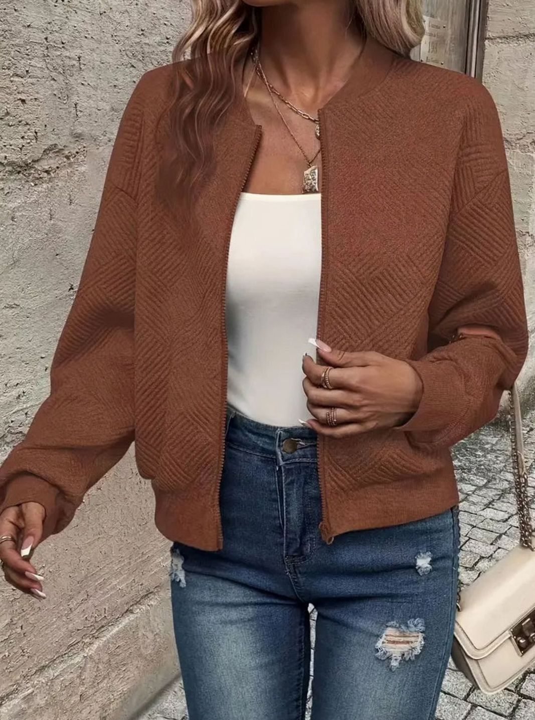 Sabine | Women's Zip-Up Textured Knit Bomber Jacket