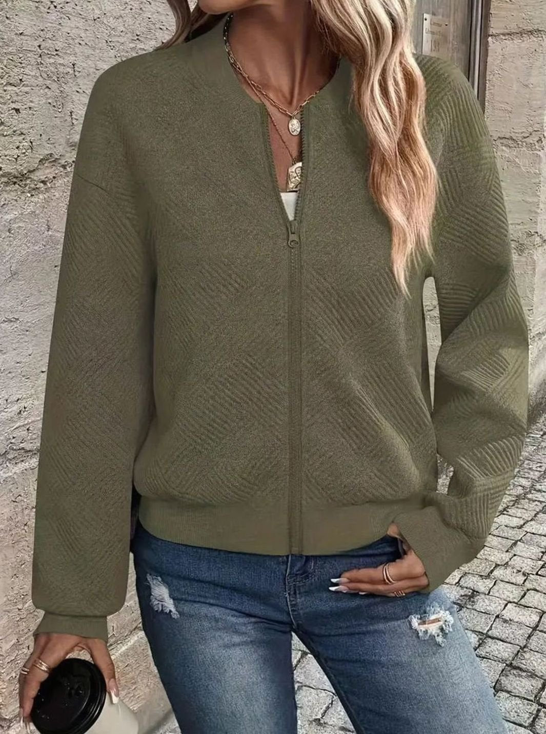 Sabine | Women's Zip-Up Textured Knit Bomber Jacket