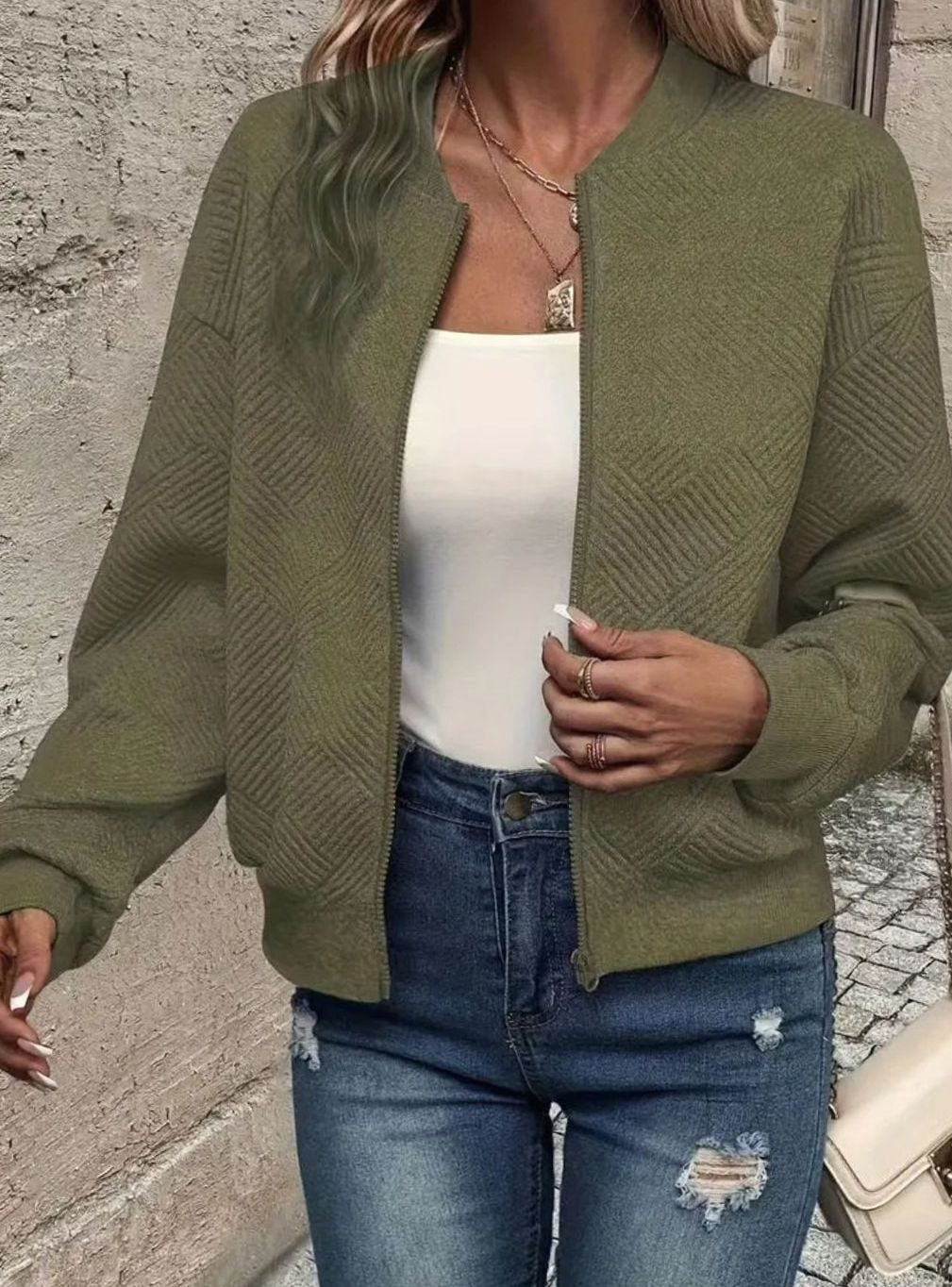 Sabine | Women's Zip-Up Textured Knit Bomber Jacket