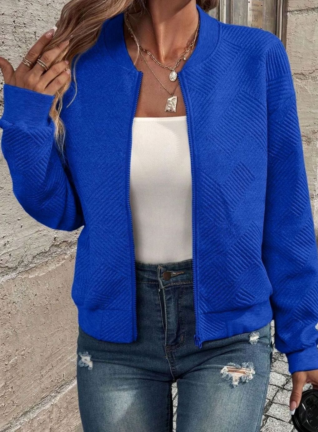 Sabine | Women's Zip-Up Textured Knit Bomber Jacket