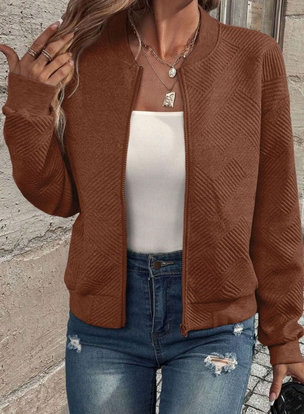 Sabine | Women's Zip-Up Textured Knit Bomber Jacket