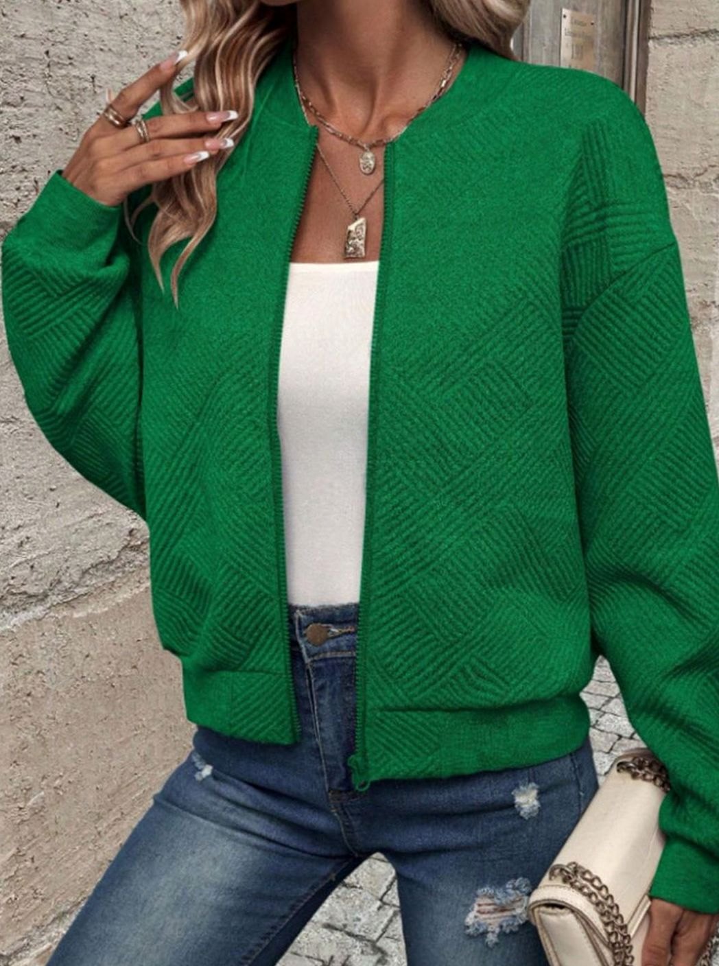 Sabine | Women's Zip-Up Textured Knit Bomber Jacket