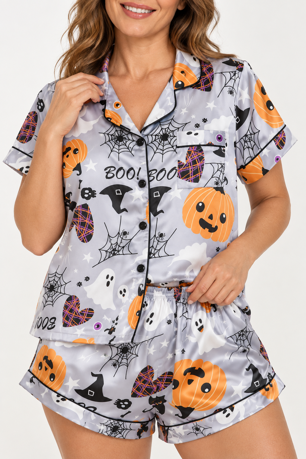 Satin Halloween Pajama Set for Women, Short Sleeve