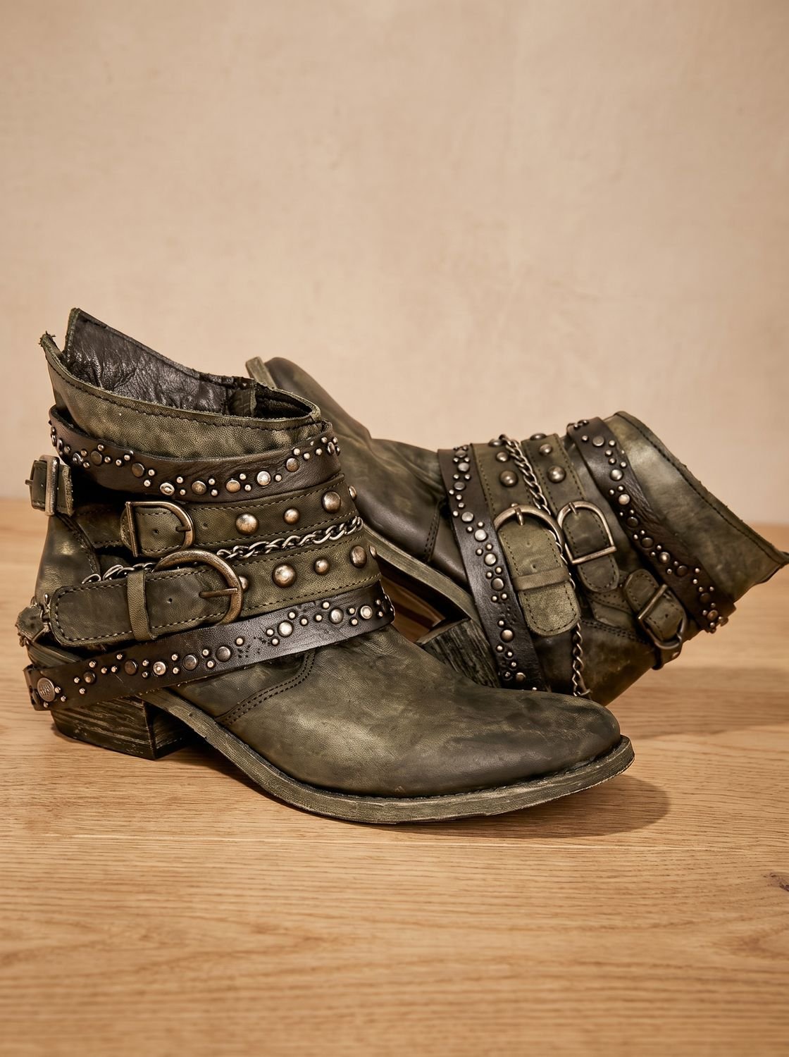 Scarlett | Women's Vintage Studded Buckle-Strap Western Ankle Boots