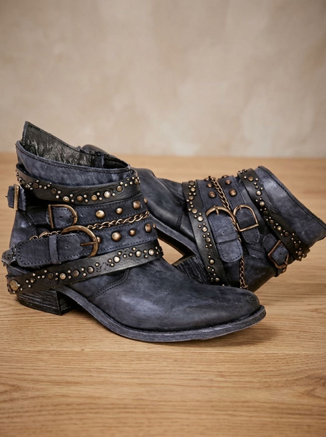 Scarlett | Women's Vintage Studded Buckle-Strap Western Ankle Boots