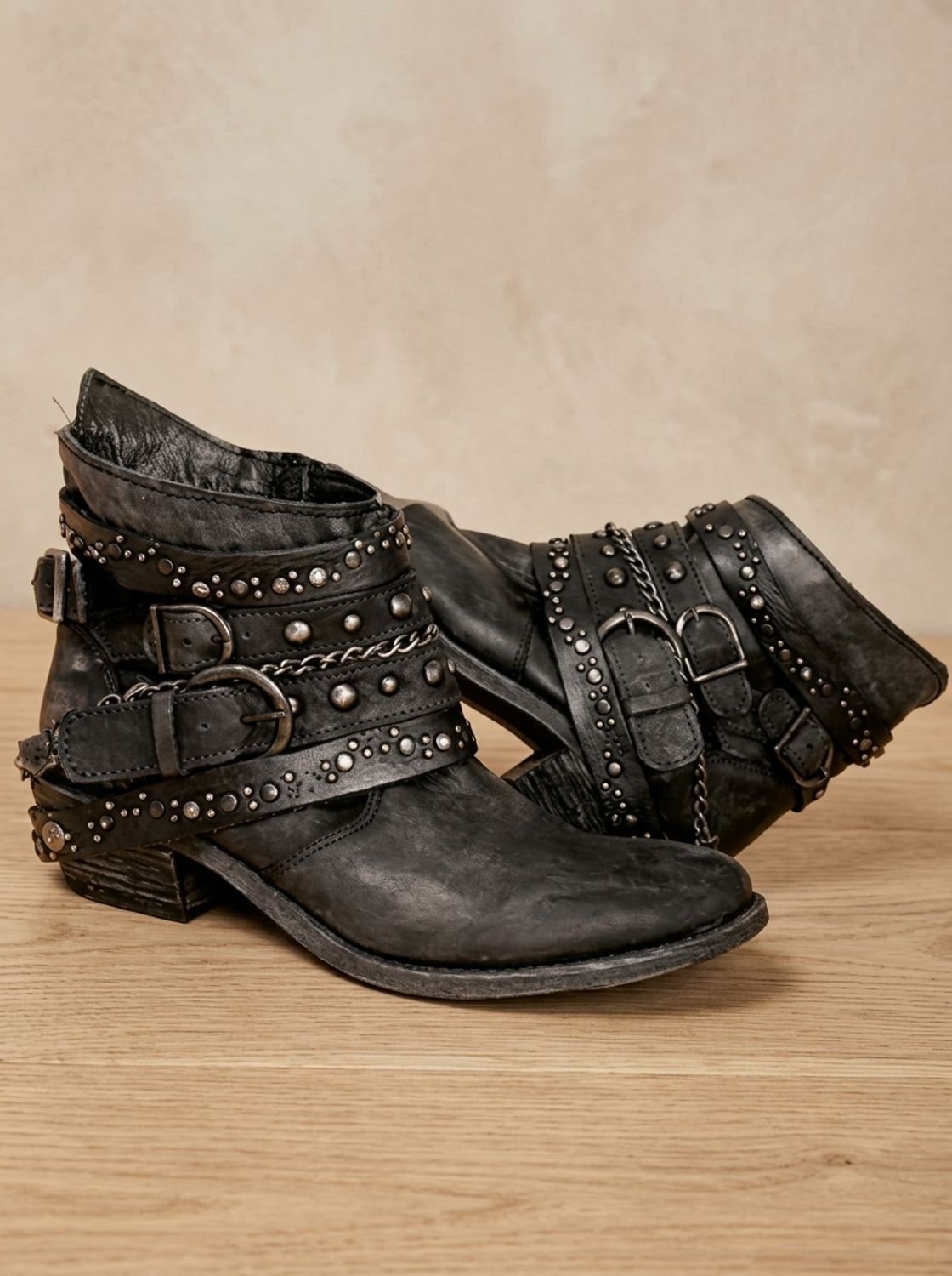 Scarlett | Women's Vintage Studded Buckle-Strap Western Ankle Boots