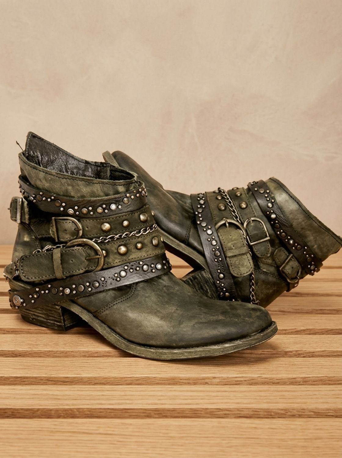 Scarlett | Women's Vintage Studded Buckle-Strap Western Ankle Boots