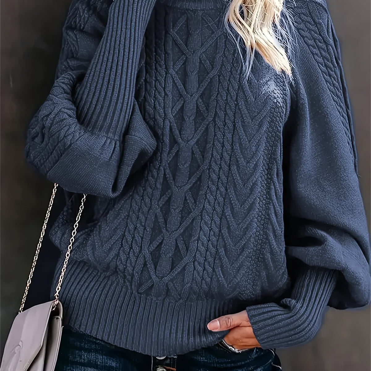 Solveig | Women's Ribbed Puff Sleeve Cable Knit Mock Neck Sweater