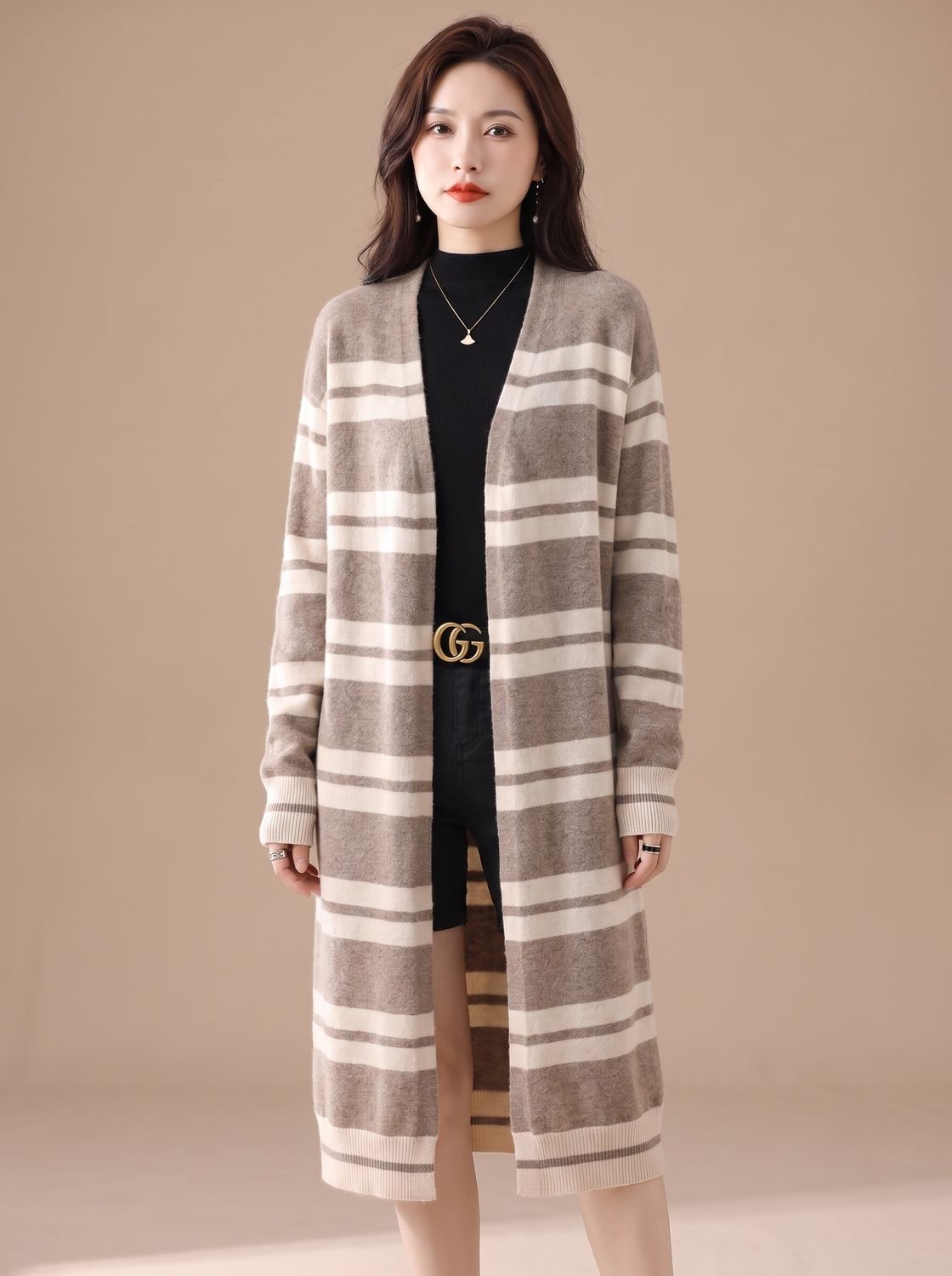 Sophia | Women's Oversized Open-Front Striped Long Knit Cardigan