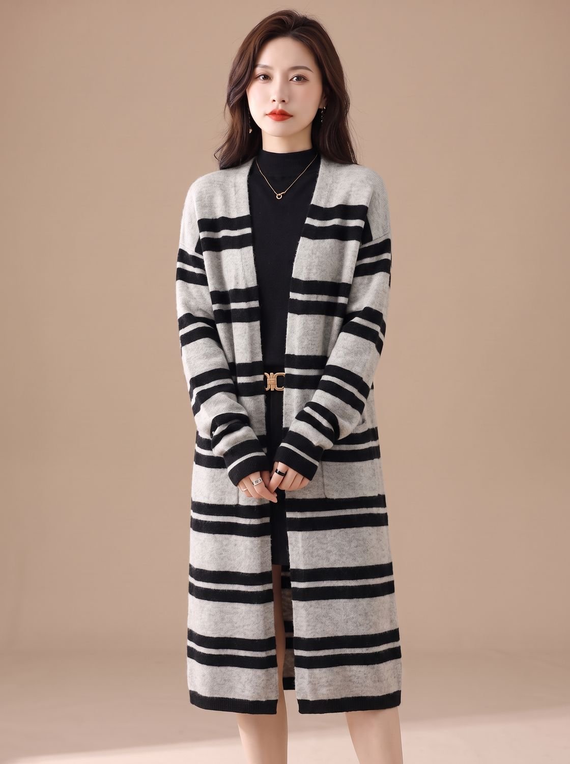 Sophia | Women's Oversized Open-Front Striped Long Knit Cardigan