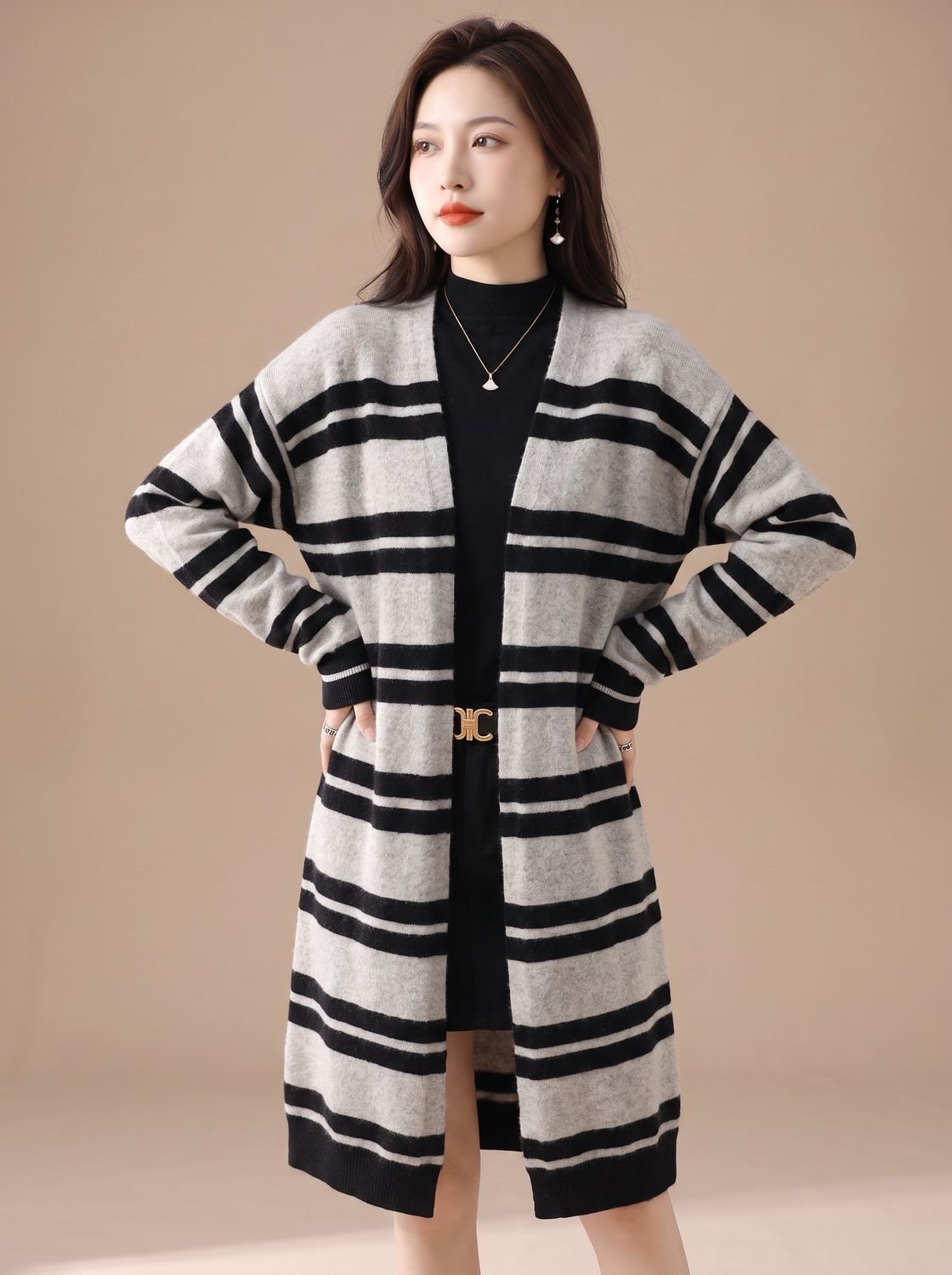 Sophia | Women's Oversized Open-Front Striped Long Knit Cardigan