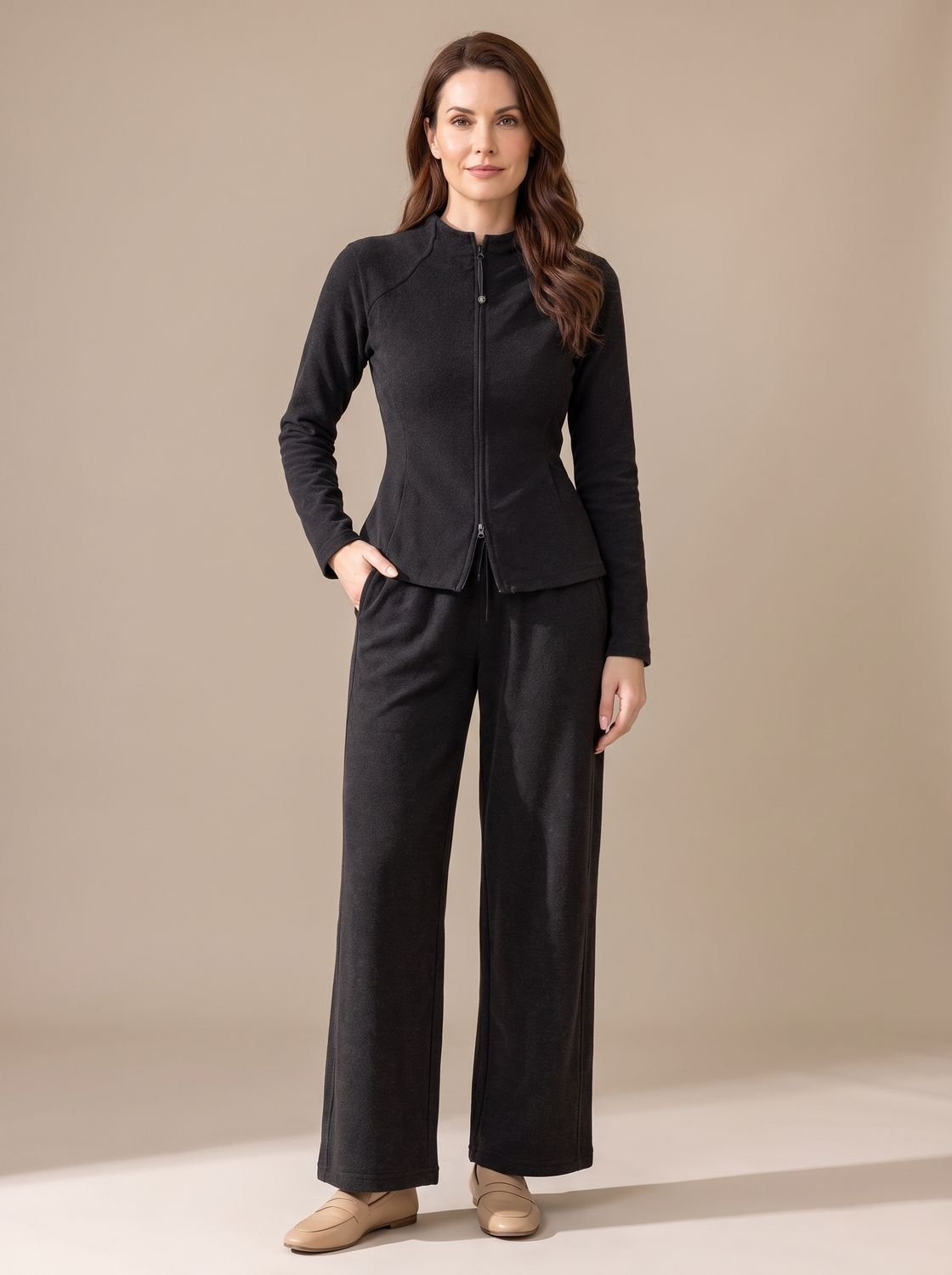Sophia | Women's Two-Piece Zip-Front Wide-Leg Knit Matching Set