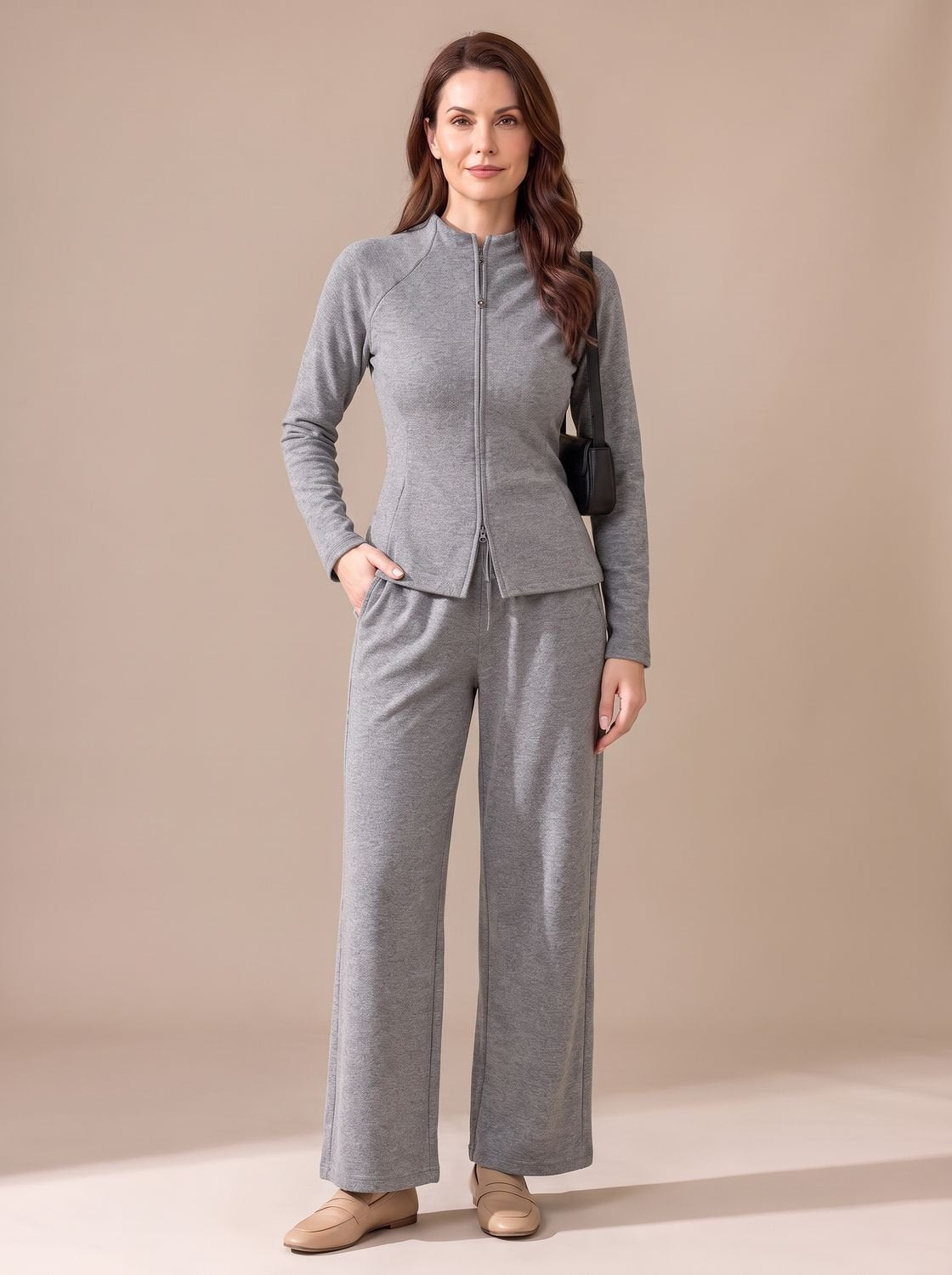 Sophia | Women's Two-Piece Zip-Front Wide-Leg Knit Matching Set