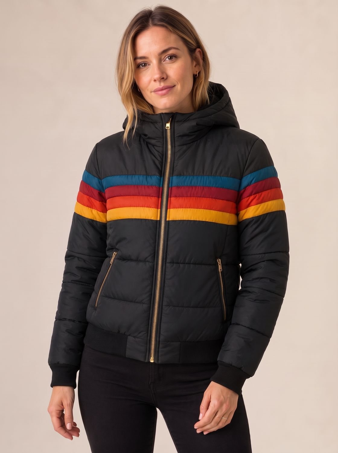 Sophia | Women's Waterproof Hooded Puffer Jacket Retro Stripe Color-Block