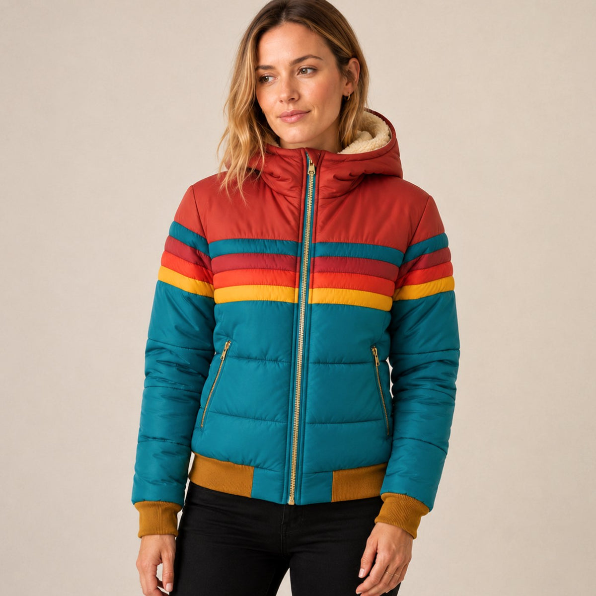 Sophia | Women's Waterproof Hooded Puffer Jacket Retro Stripe Color-Block