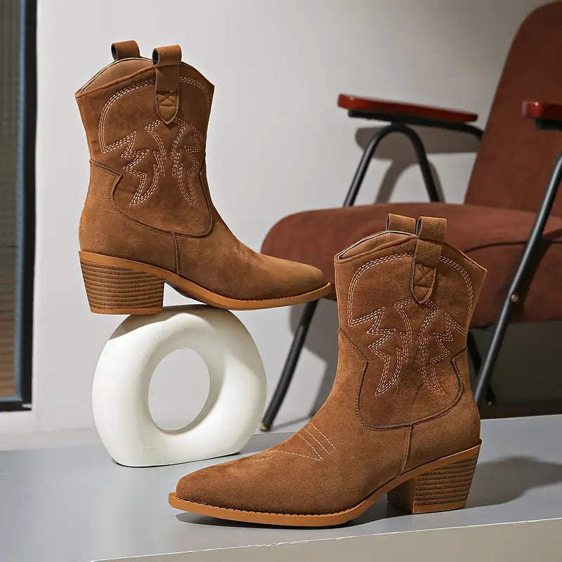 Stylish Brown Cowgirl Boots for Women with Embroidered Suede Ankle Block Heel Western Style