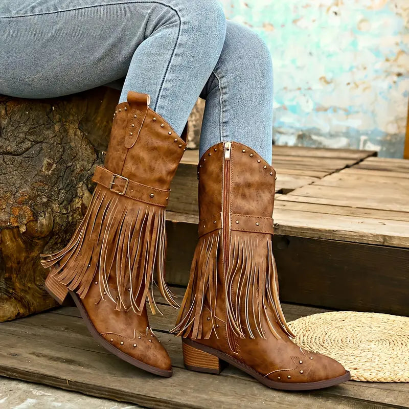 Stylish Brown Cowgirl Boots for Women with Fringe Tassel Studded Buckle Block Heel Western Style
