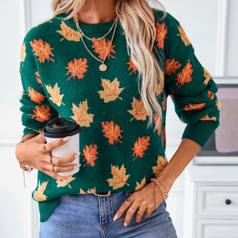 Sylvie | Women's Leaf Print Crew Neck Sweater