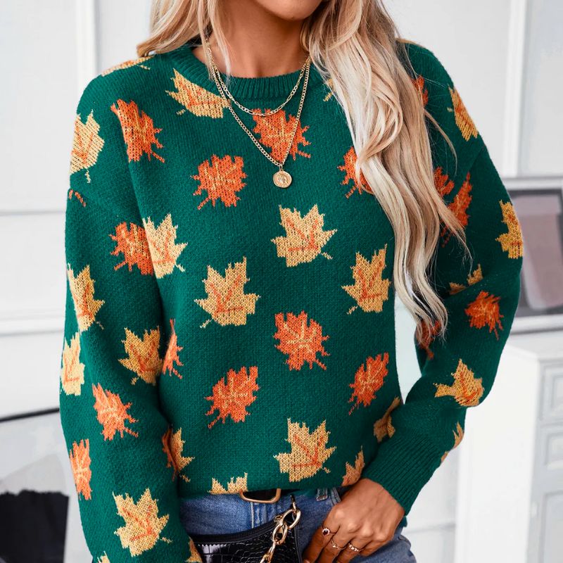 Sylvie | Women's Leaf Print Crew Neck Sweater