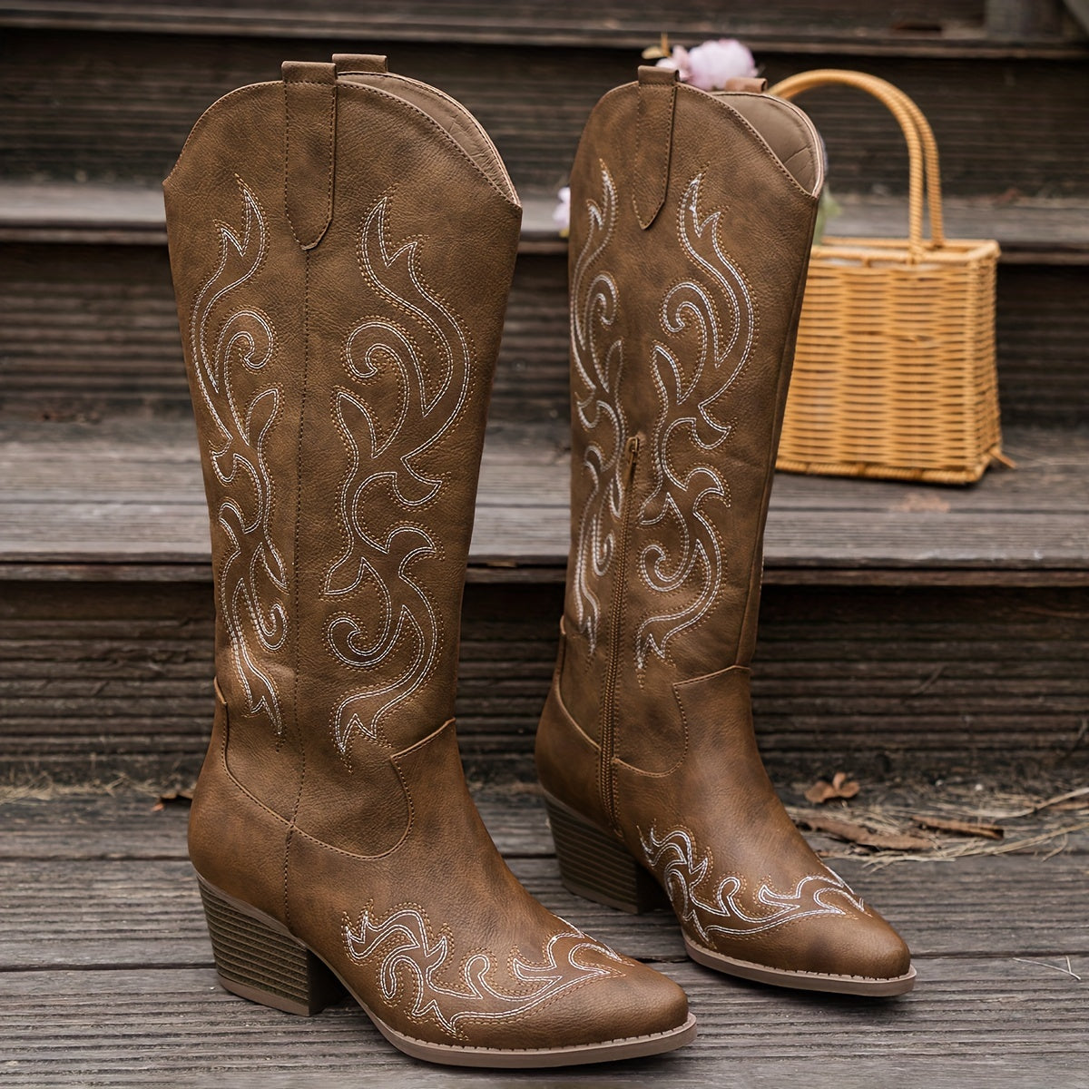 Verity | Women's Embroidered Knee-High Block Heel Cowboy Boots