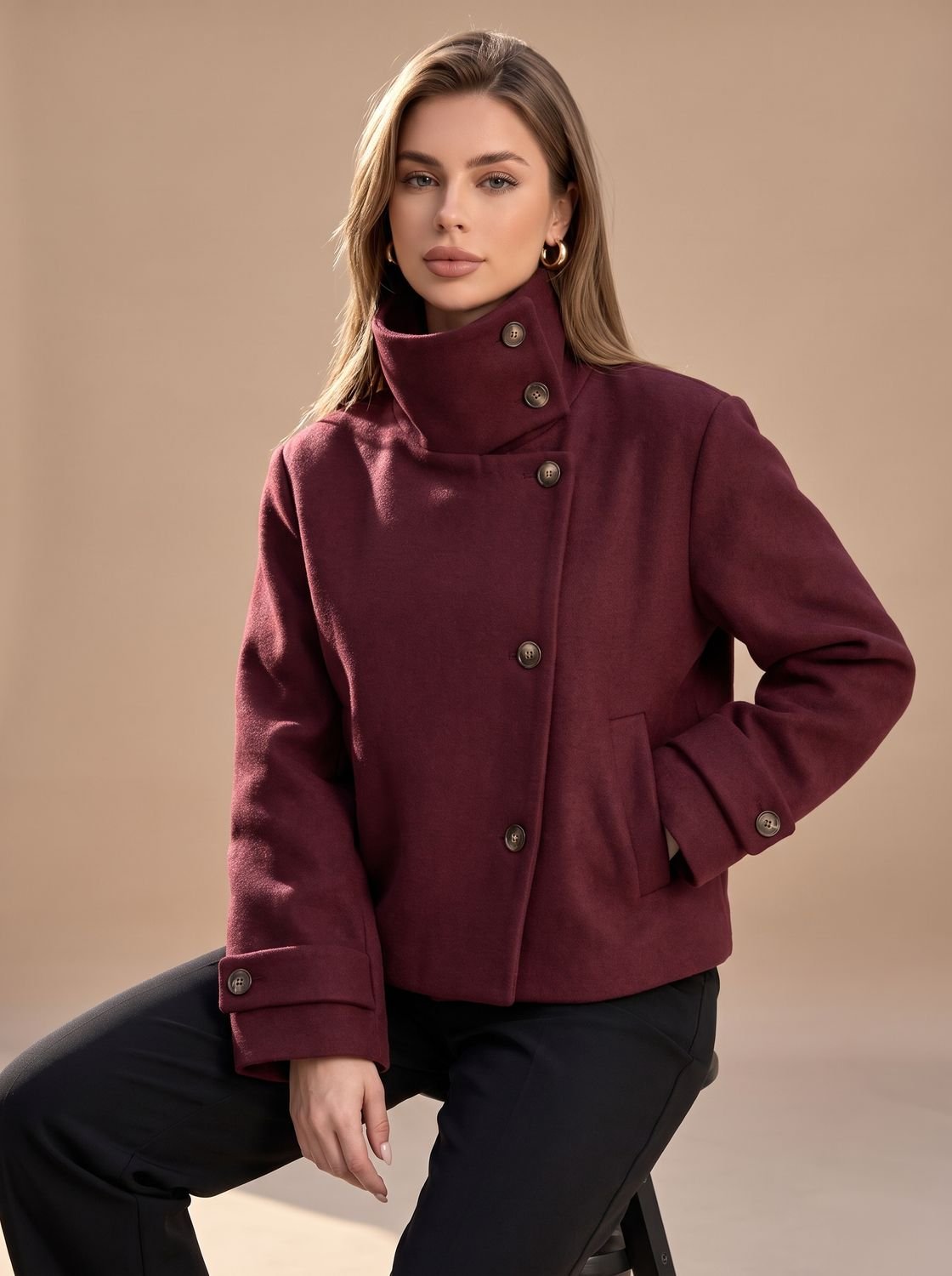 Victoria | Women's High Neck Wool Blend Stand Collar Button-Front Short Coat