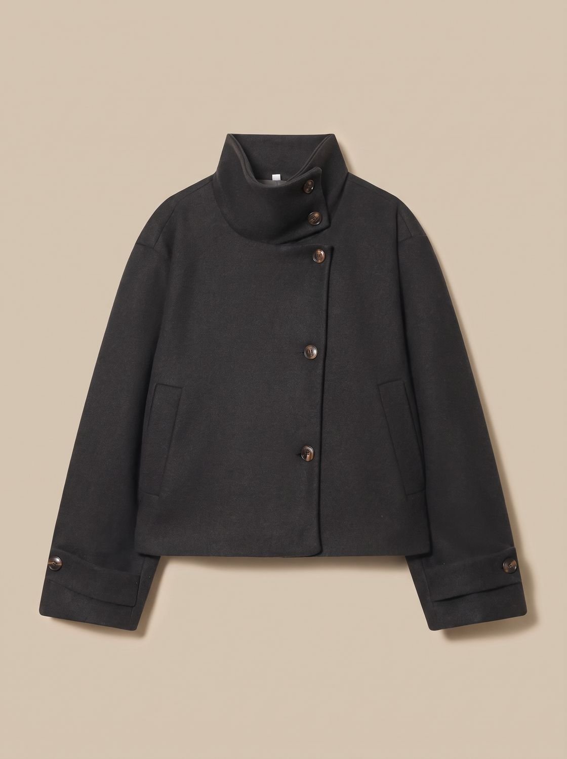 Victoria | Women's High Neck Wool Blend Stand Collar Button-Front Short Coat