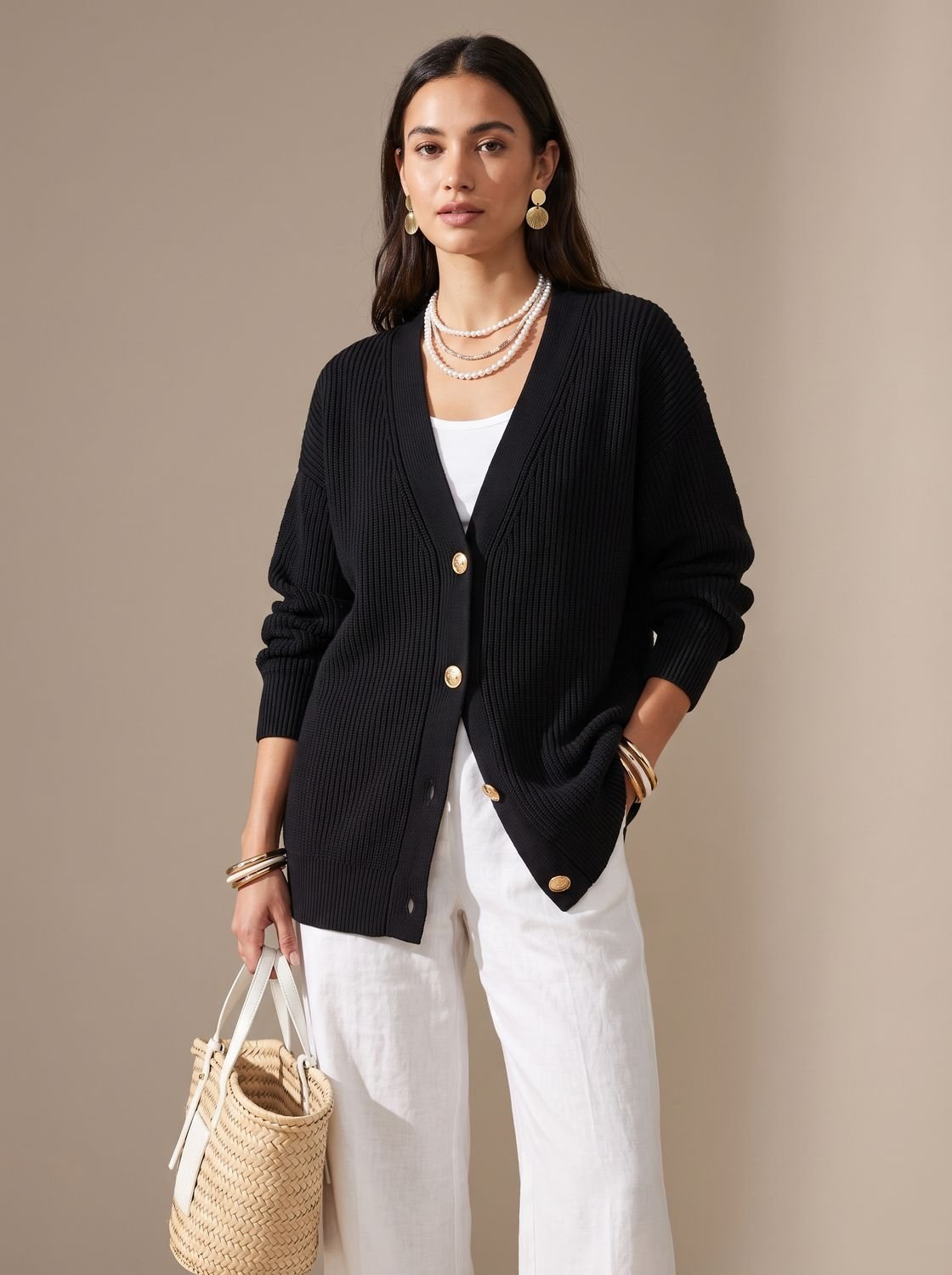 Victoria | Women's Oversized Lantern-Sleeve Gold-Button Knit Cardigan