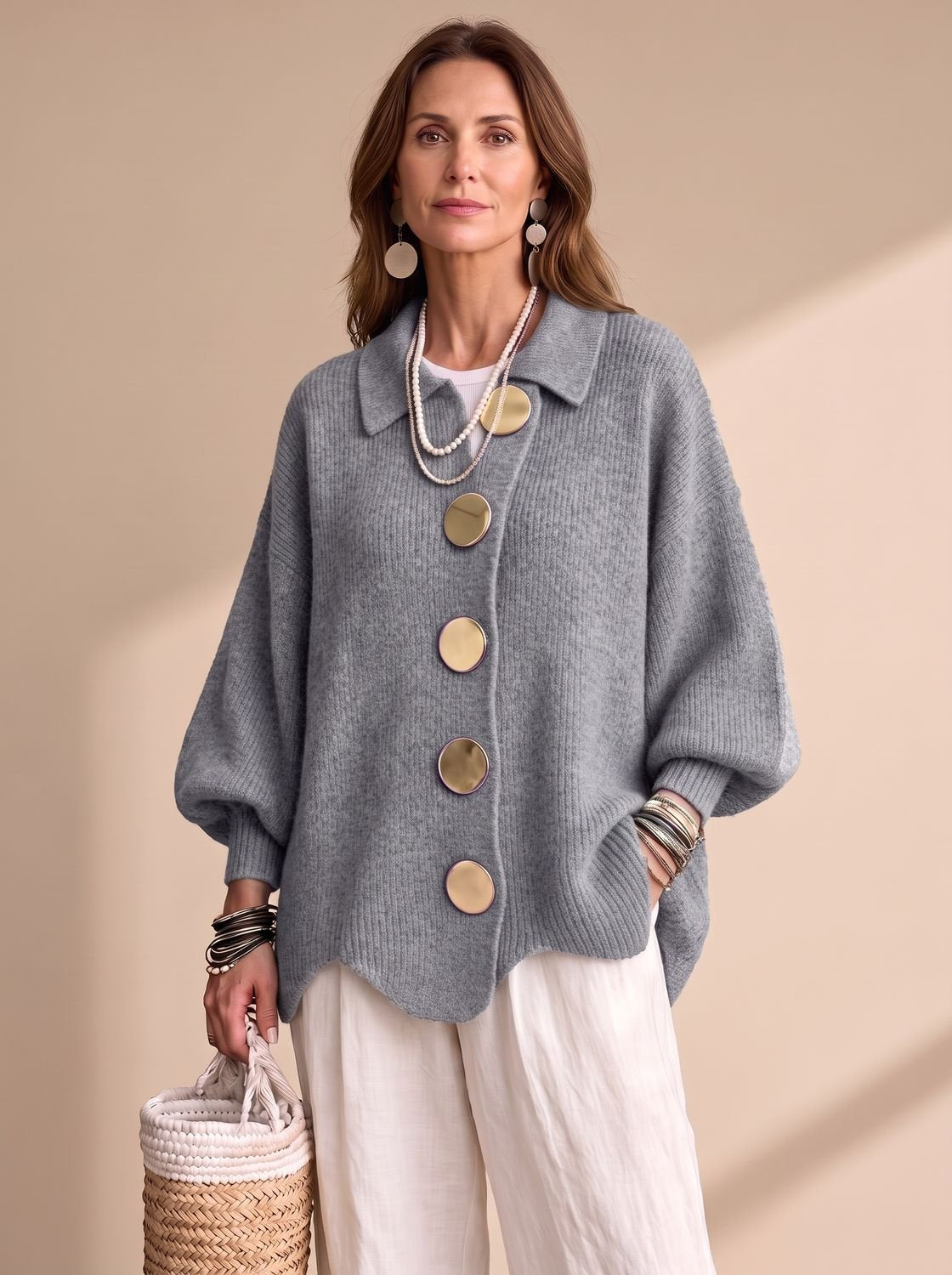 Victoria | Women's Oversized Lantern-Sleeve Gold-Button Knit Cardigan