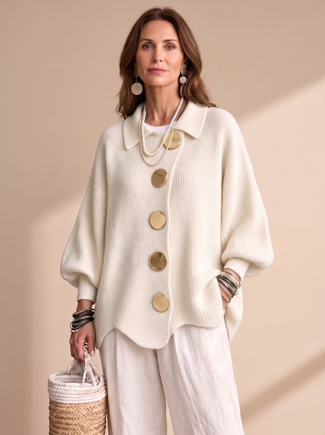 Victoria | Women's Oversized Lantern-Sleeve Gold-Button Knit Cardigan