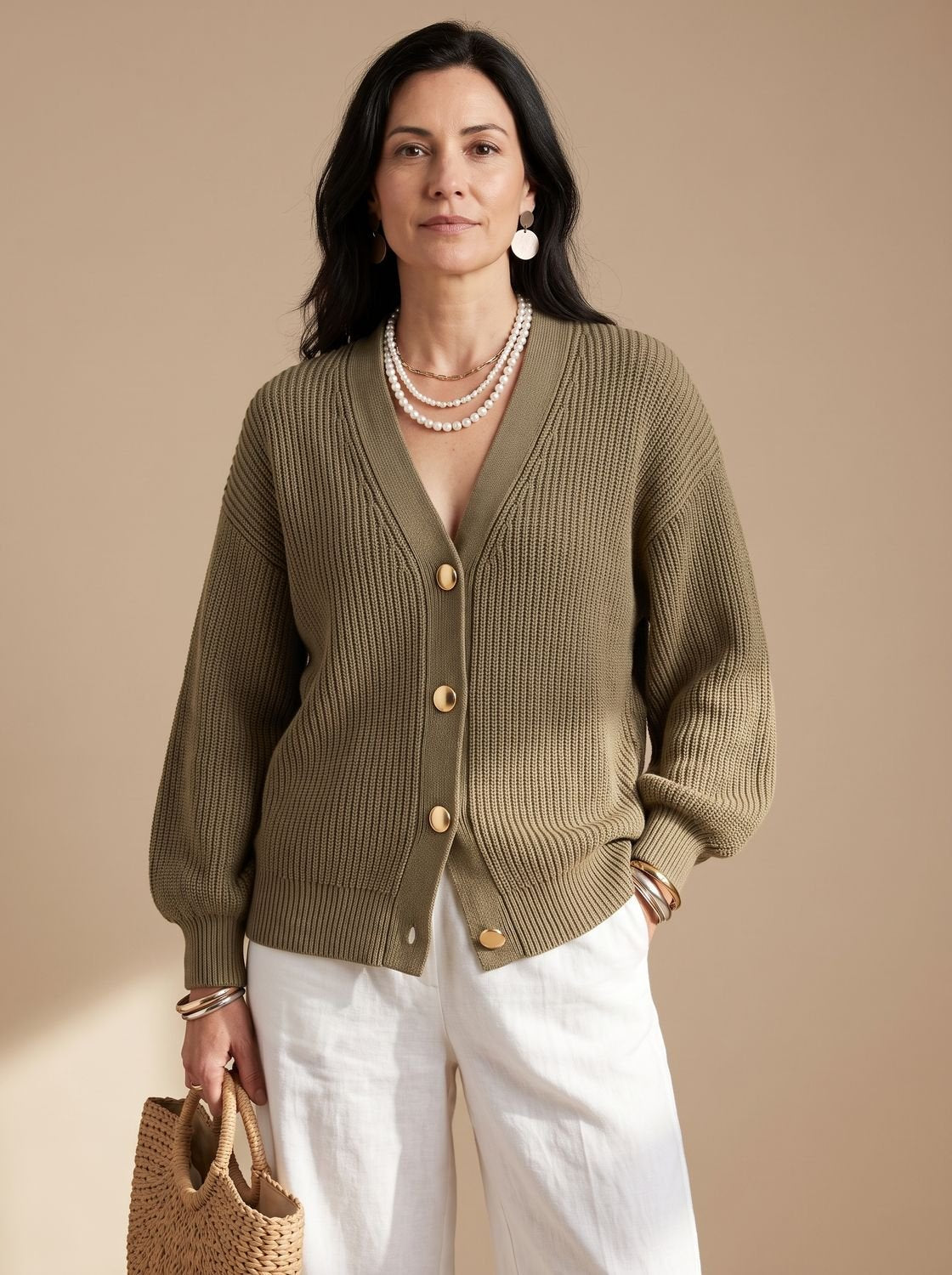 Victoria | Women's Oversized Lantern-Sleeve Gold-Button Knit Cardigan