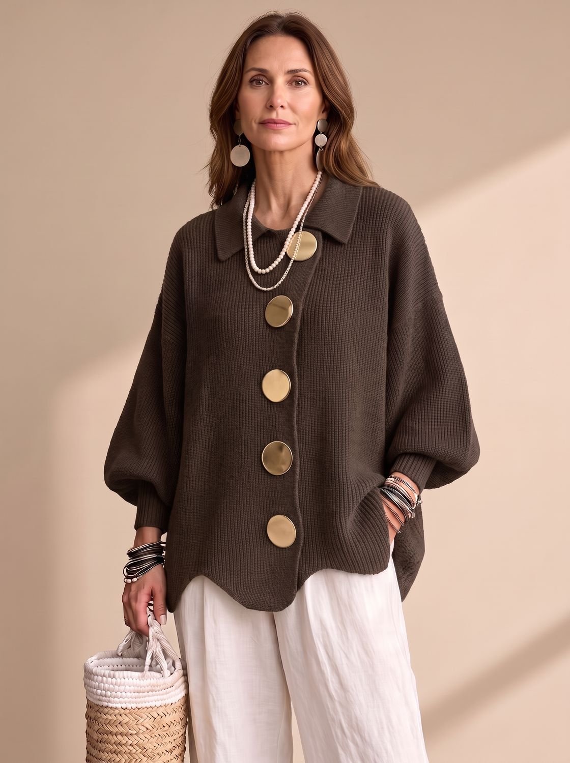 Victoria | Women's Oversized Lantern-Sleeve Gold-Button Knit Cardigan