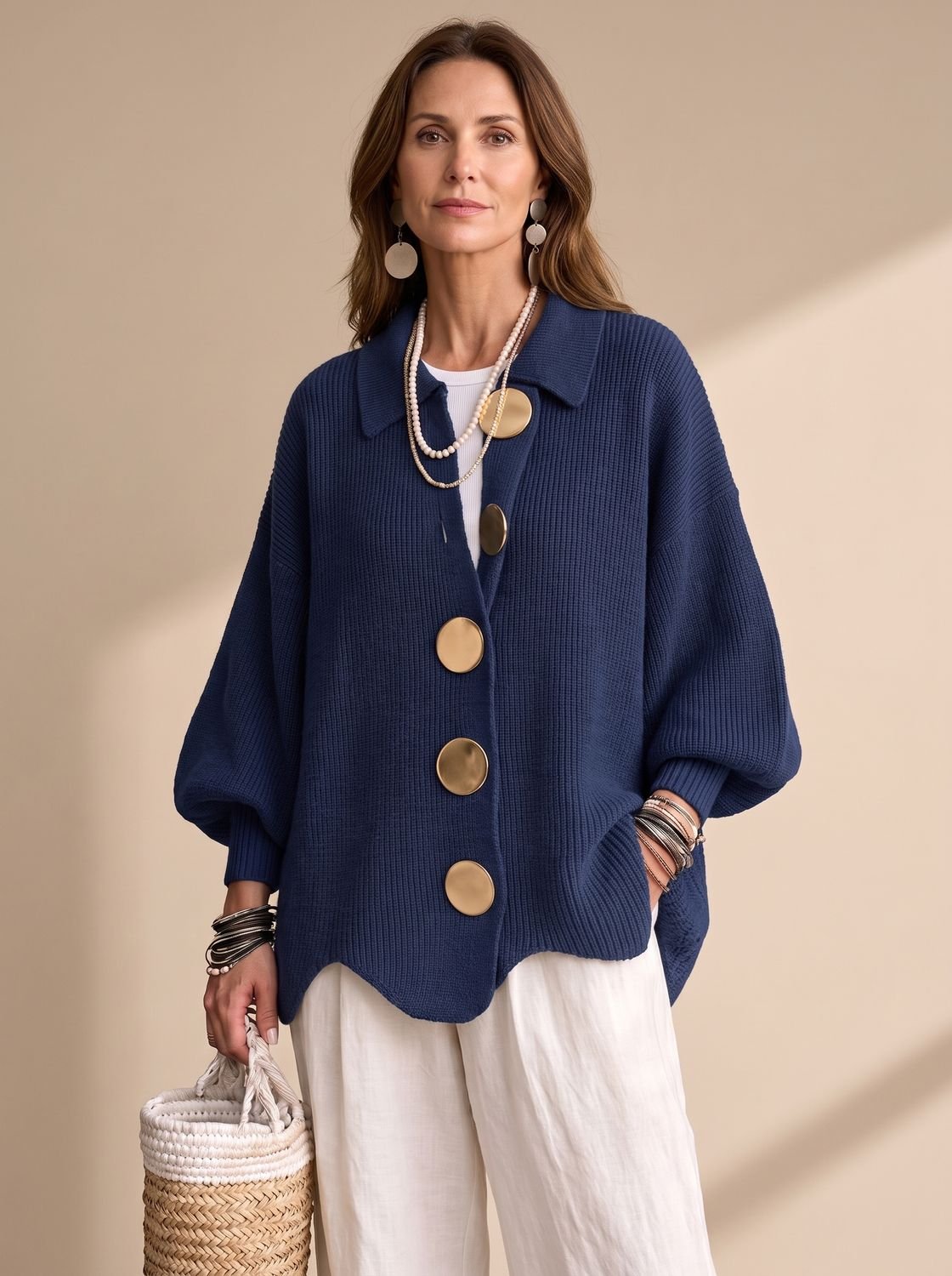 Victoria | Women's Oversized Lantern-Sleeve Gold-Button Knit Cardigan