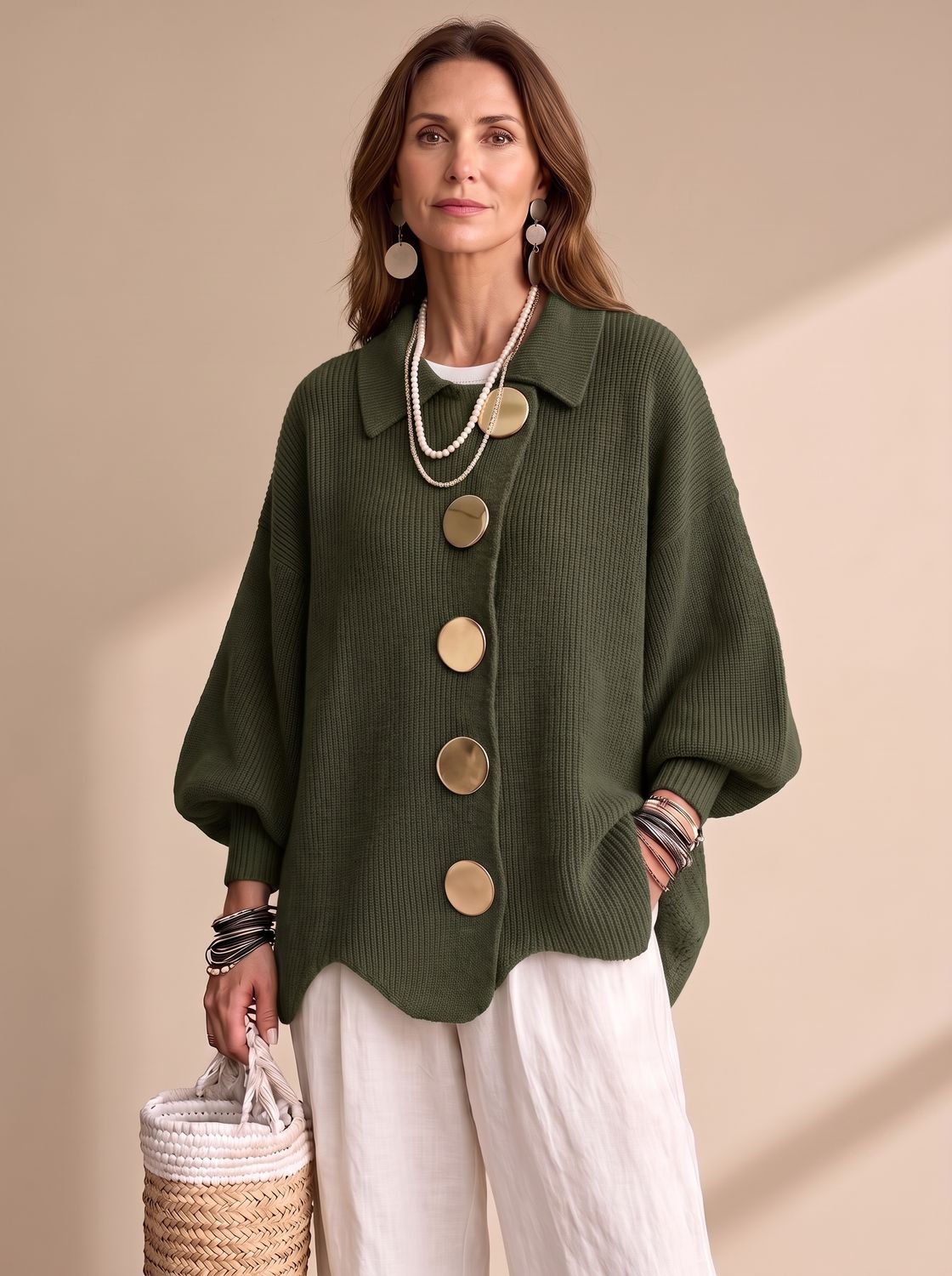 Victoria | Women's Oversized Lantern-Sleeve Gold-Button Knit Cardigan