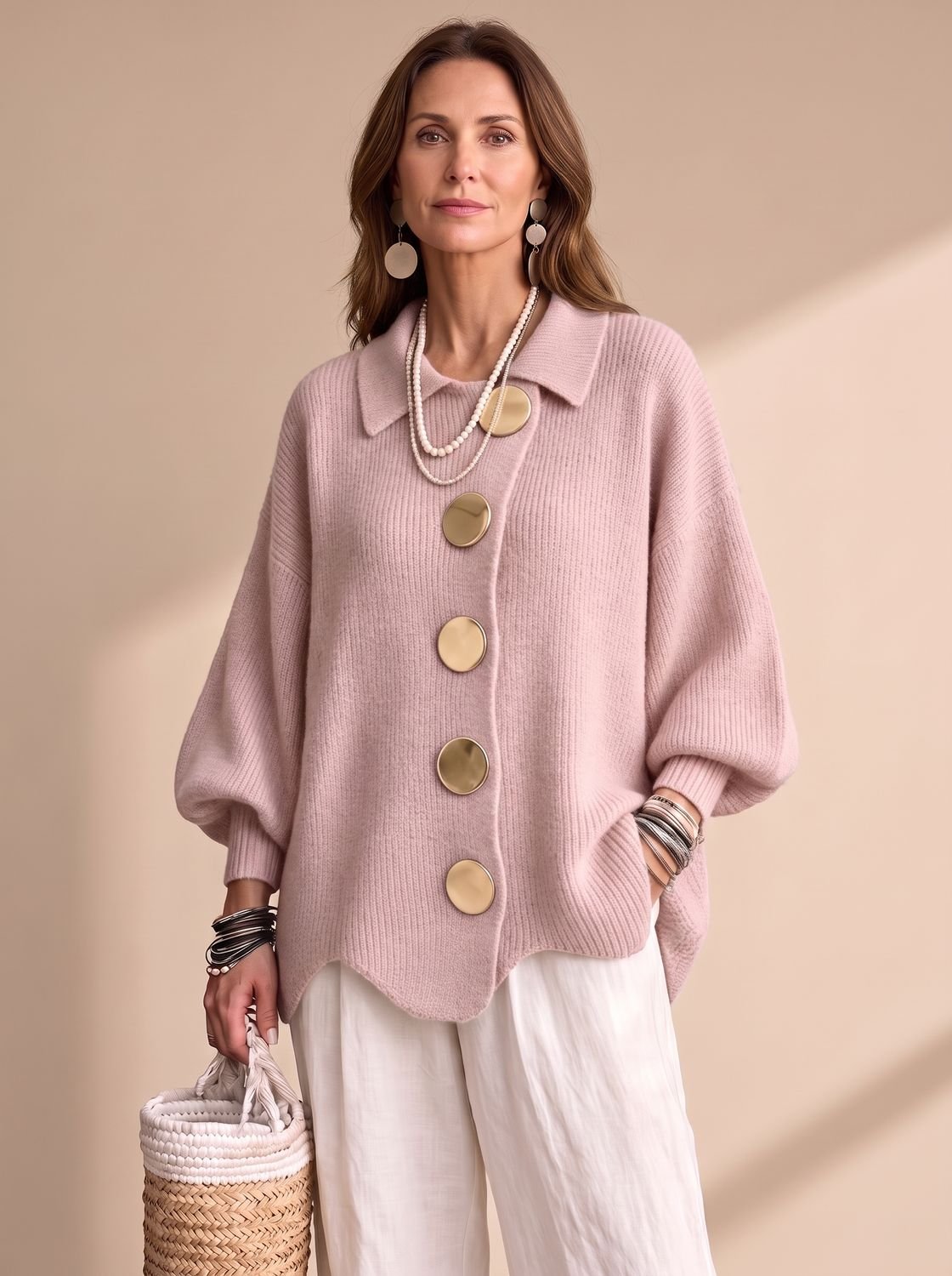 Victoria | Women's Oversized Lantern-Sleeve Gold-Button Knit Cardigan