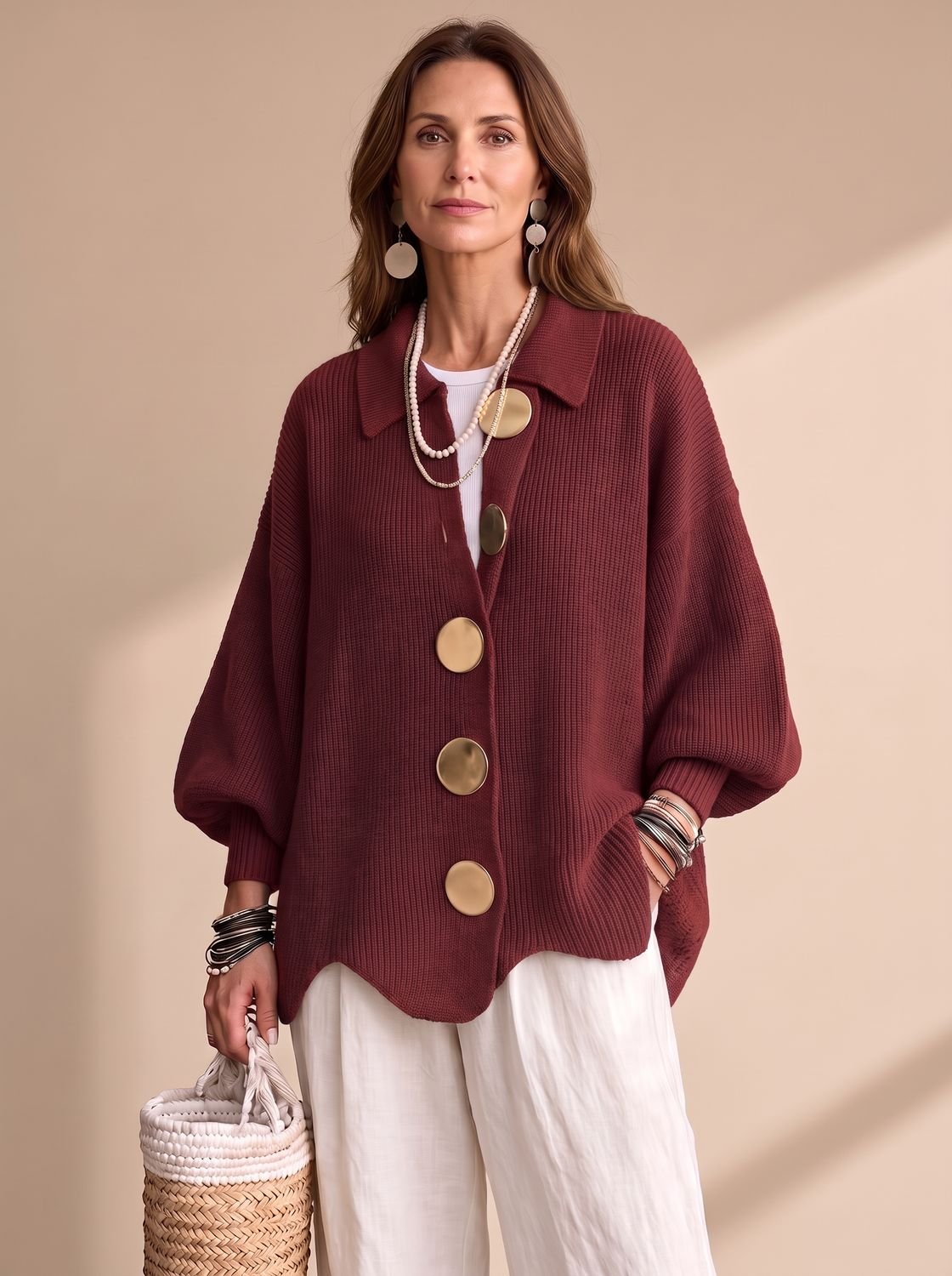 Victoria | Women's Oversized Lantern-Sleeve Gold-Button Knit Cardigan
