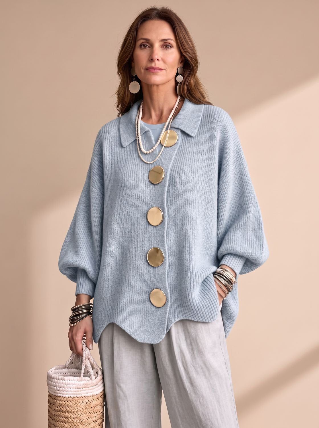 Victoria | Women's Oversized Lantern-Sleeve Gold-Button Knit Cardigan