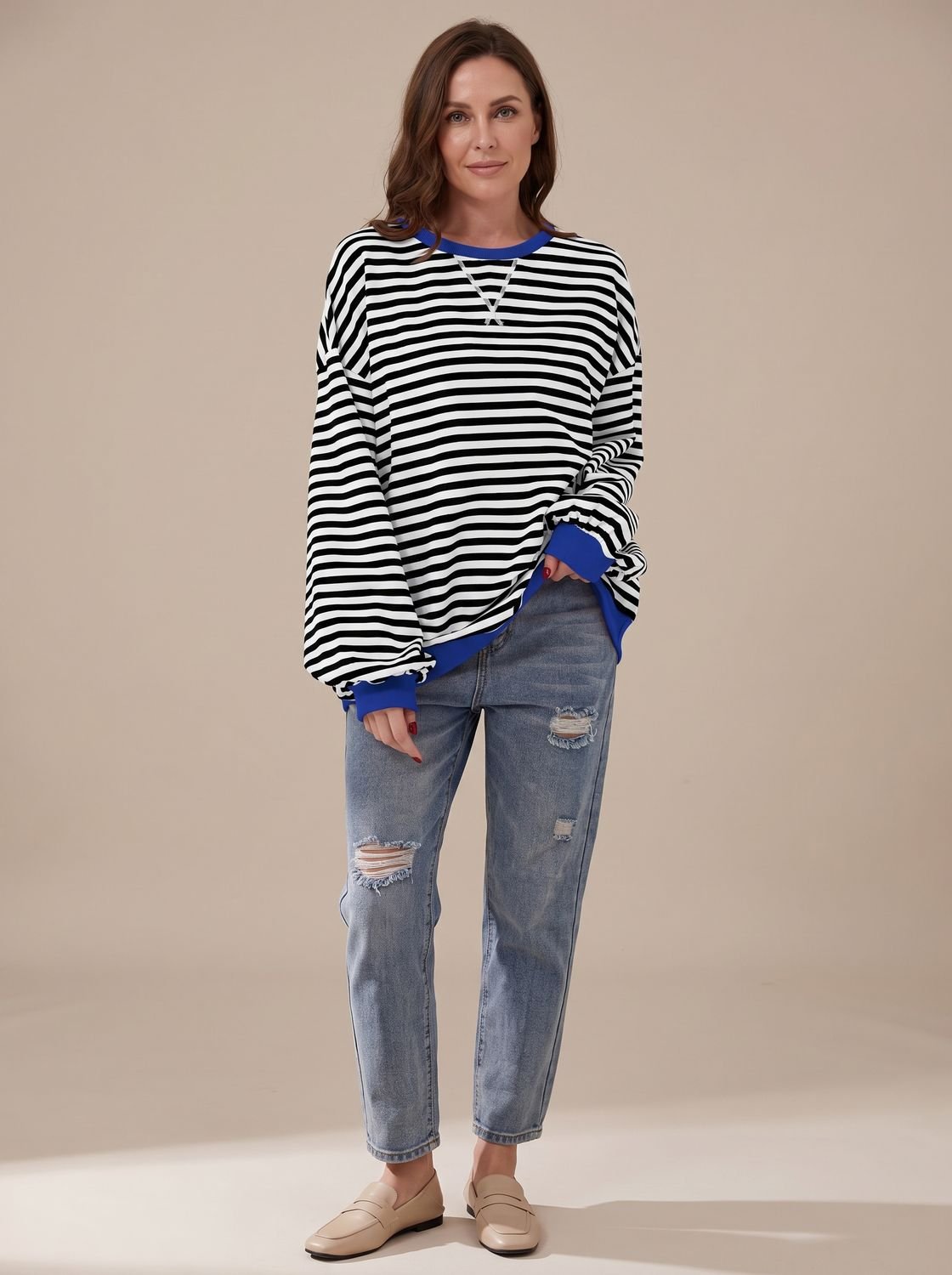 Victoria | Women's Retro Striped Oversized Crewneck Sweatshirt