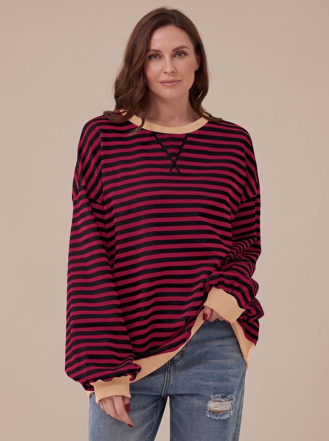 Victoria | Women's Retro Striped Oversized Crewneck Sweatshirt