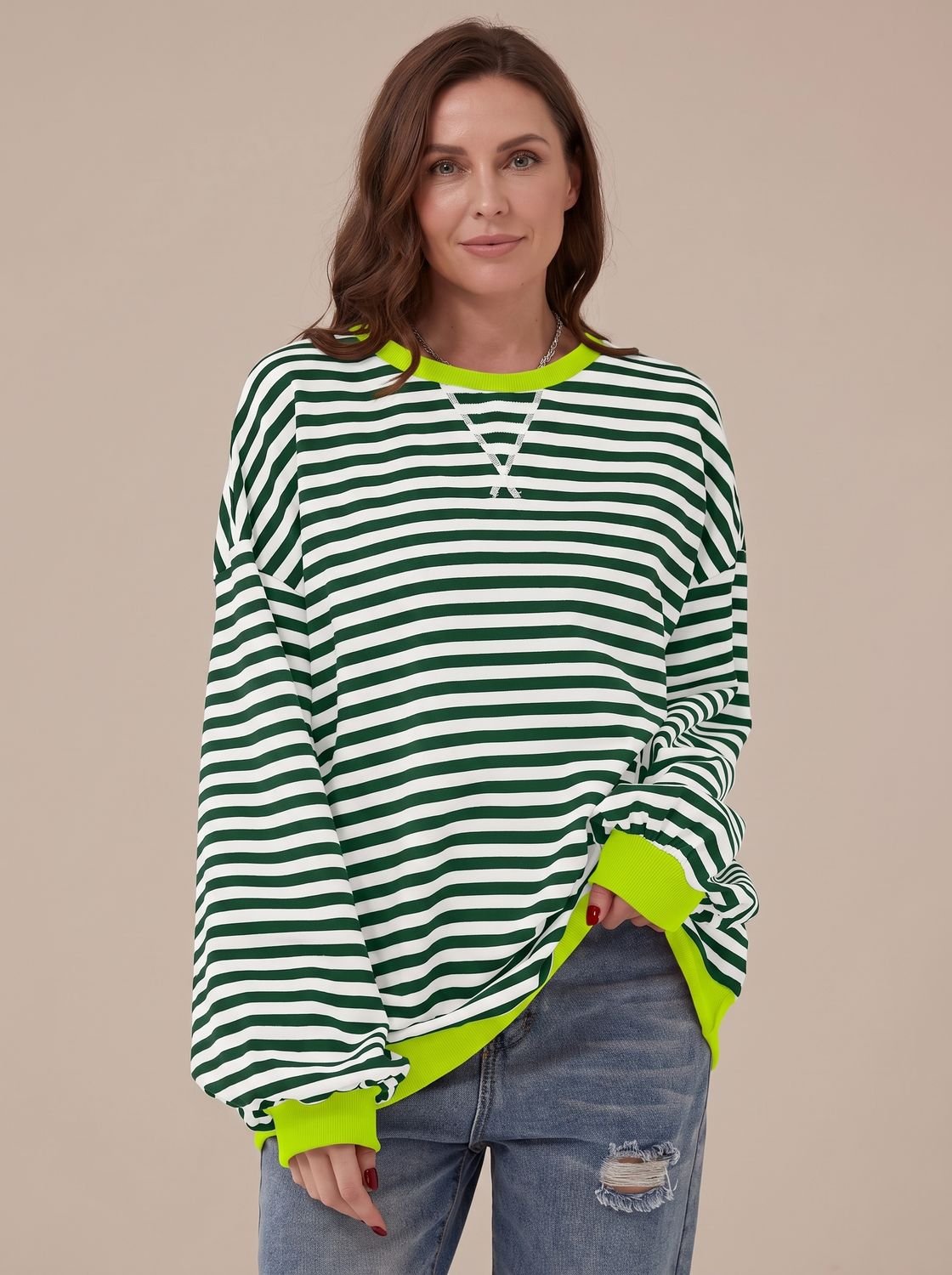 Victoria | Women's Retro Striped Oversized Crewneck Sweatshirt