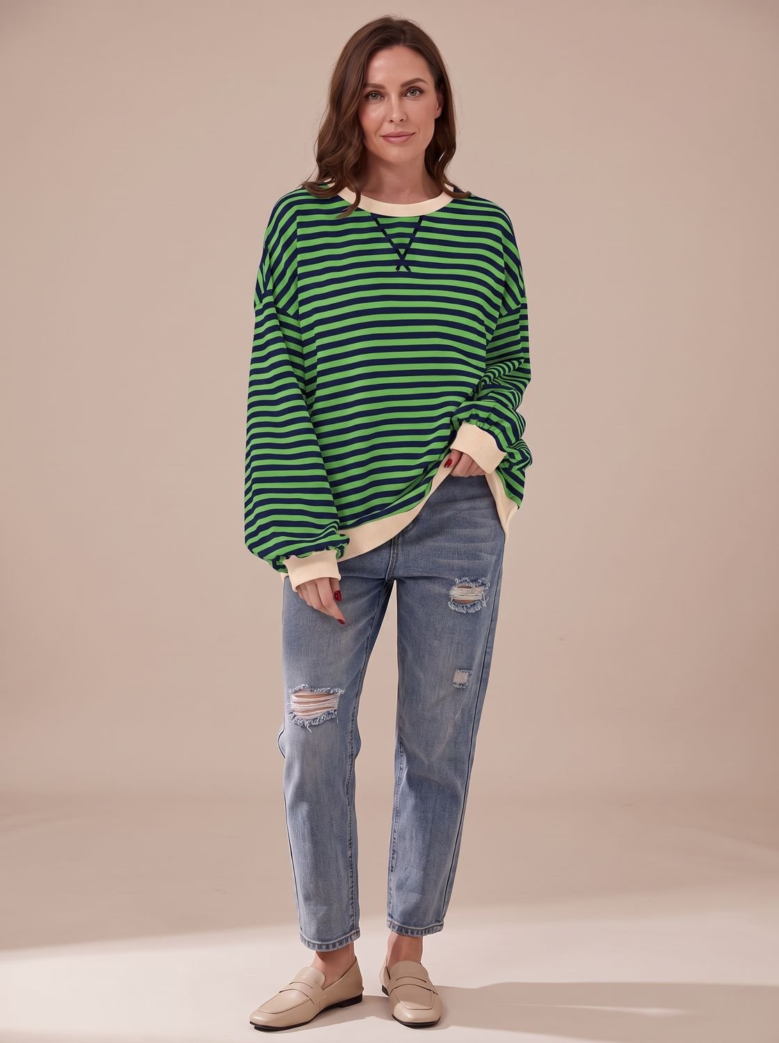 Victoria | Women's Retro Striped Oversized Crewneck Sweatshirt