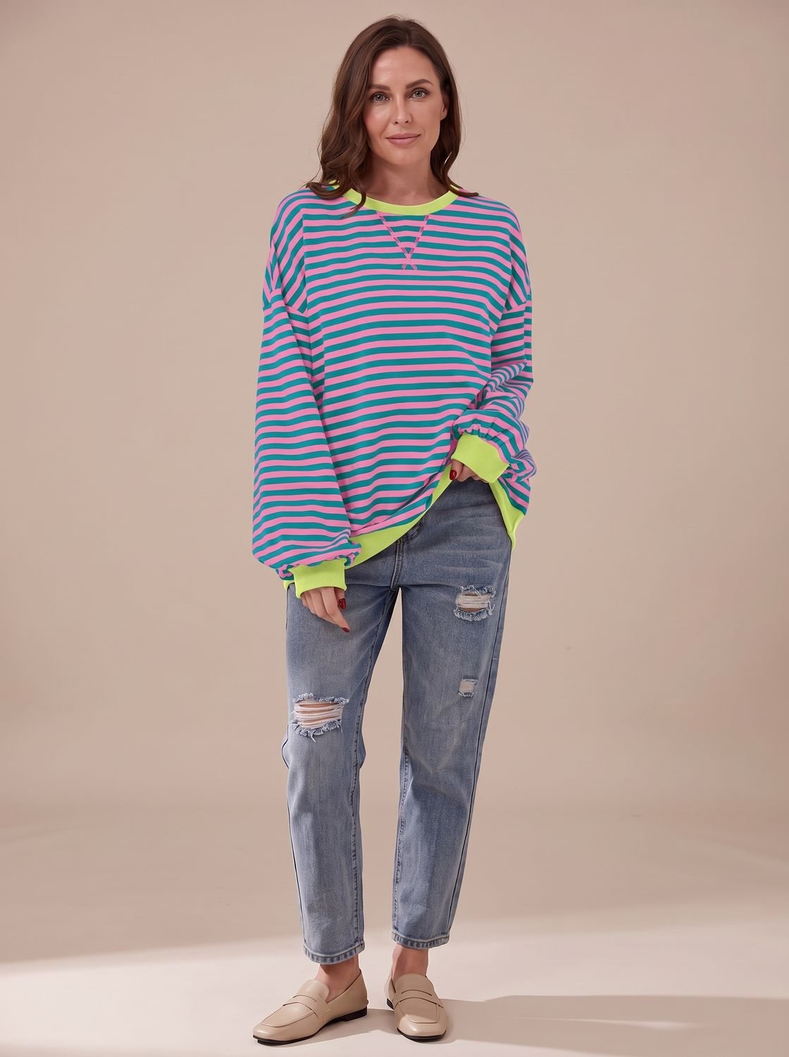 Victoria | Women's Retro Striped Oversized Crewneck Sweatshirt
